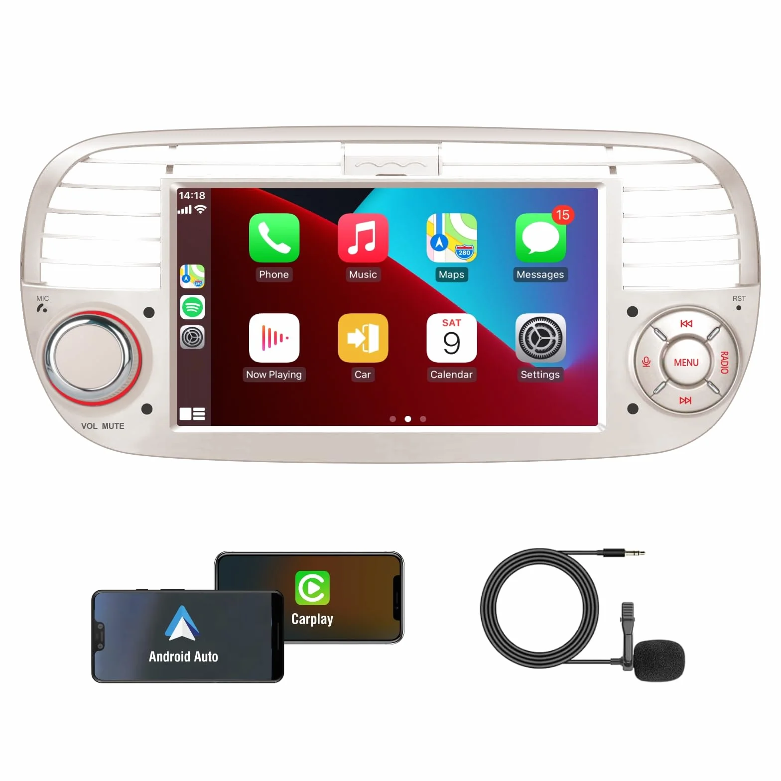 [Prestazioni Elevate] KTTCORLP Linux Autoradio per Fiat 500 2007-2015 Carplay Android Auto Bluetooth 5.0, Autoradio Fiat 500 da 7 pollici con touchscreen/FM/AM/USB/DPS/RDS/Mirror Link-bianco