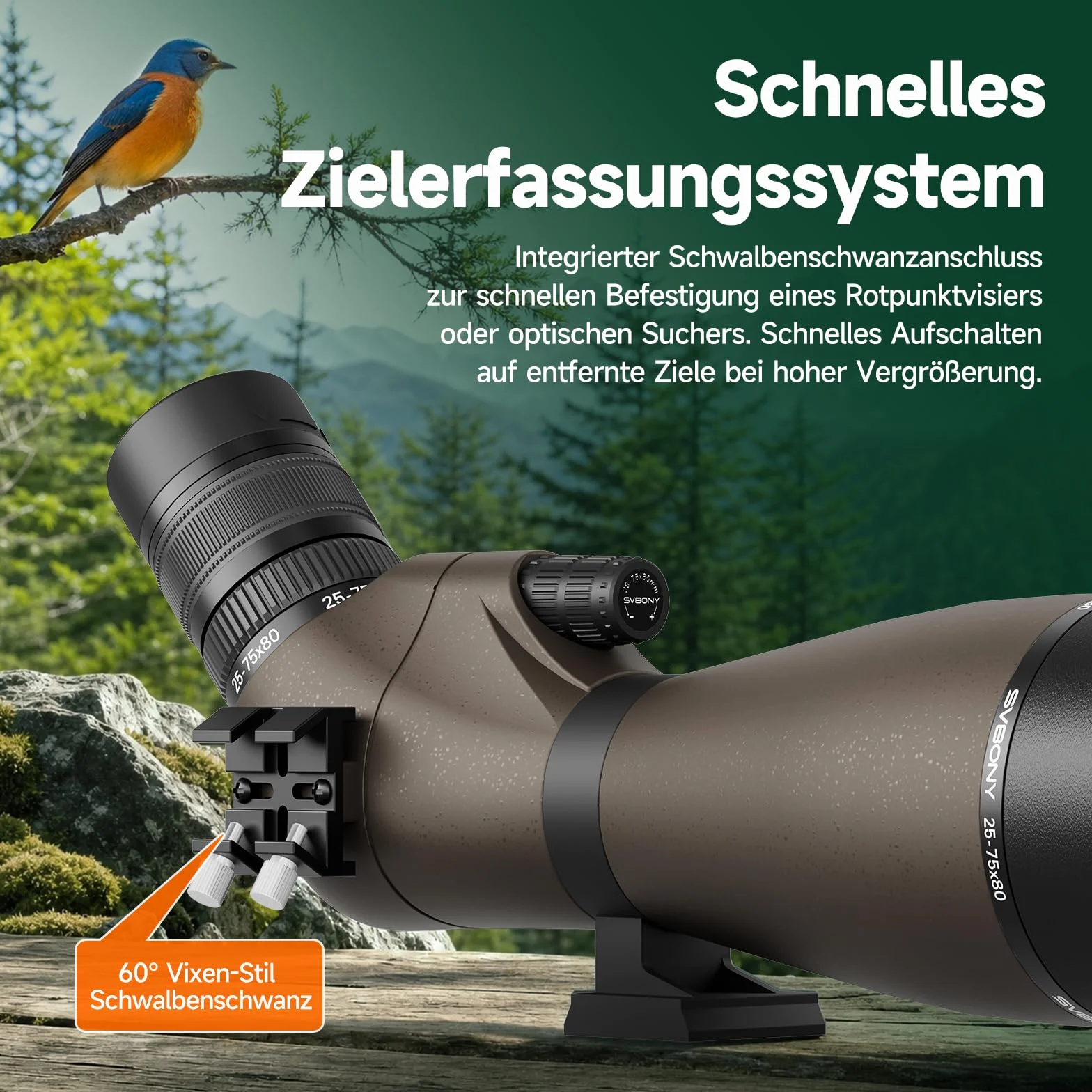 Svbony SV29 25-75x80mm Cannocchiale con attacco a coda di rondine e Treppiede, ampio campo visivo, prisma di Porro FMC, con adattatore per smartphone per tiro al bersaglio, birdwatching e osservazione