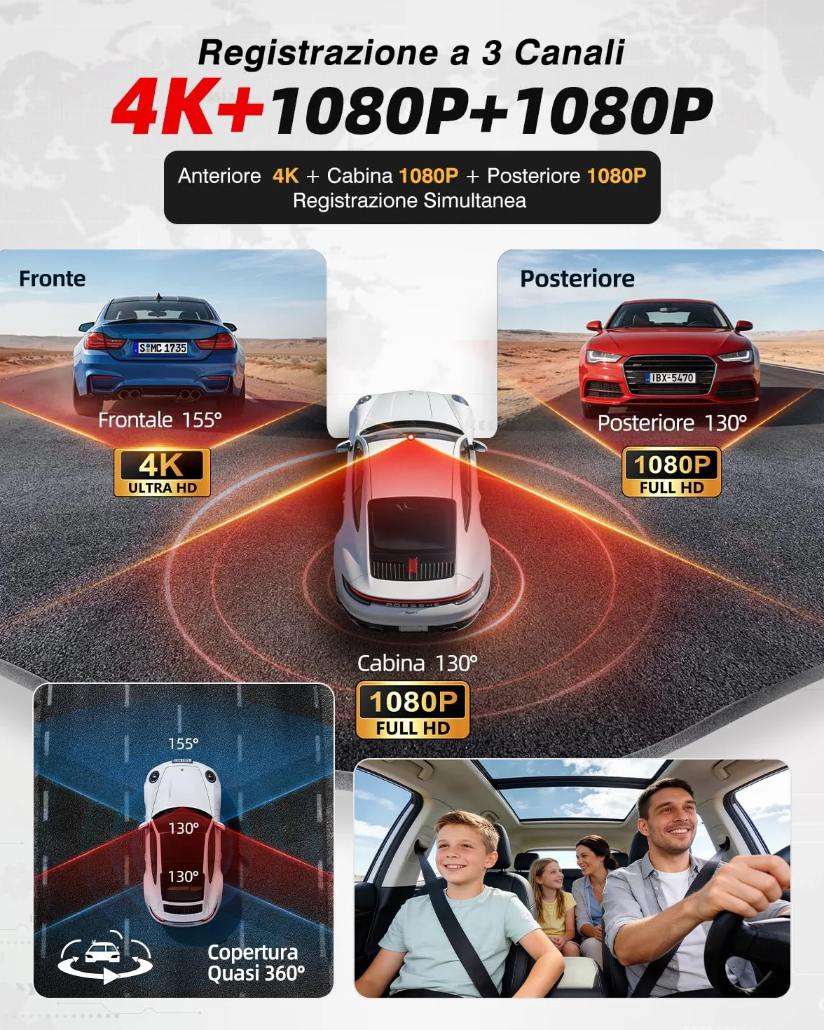Dashcam Auto 4K 3 Canali, Visione Notturna STARVIS 2, HDR, WiFi 6, GPS, 64GB SD Inclusa