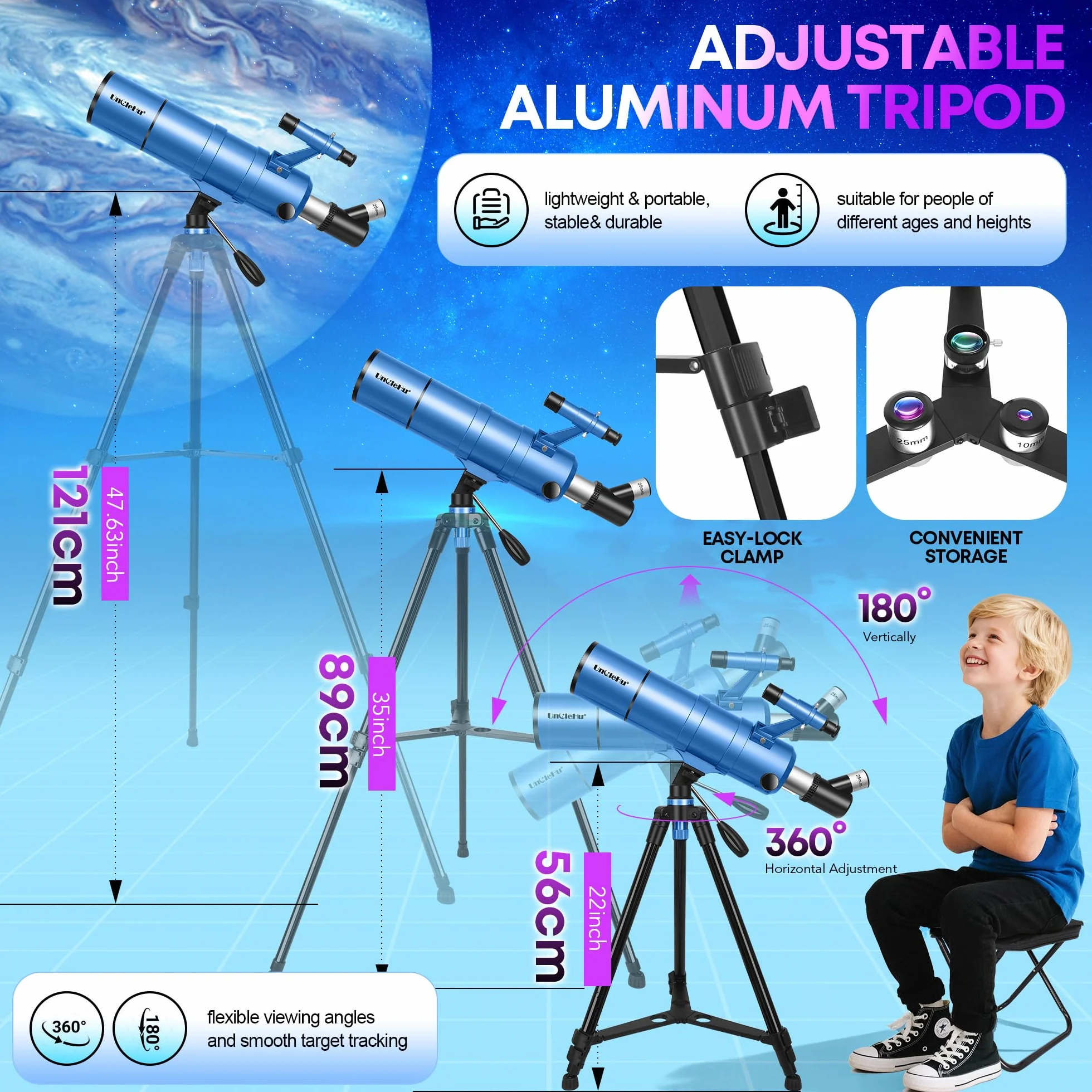UncleHu Telescopio Astronomico Per Adulti E Bambini Principianti, 22X-165X, Telescopio Riffrattore Astronomico 90/550mm Con Sgabello Pieghevole&Treppiede&Adattatore Per Smartphone E Borsa Da Trasporto