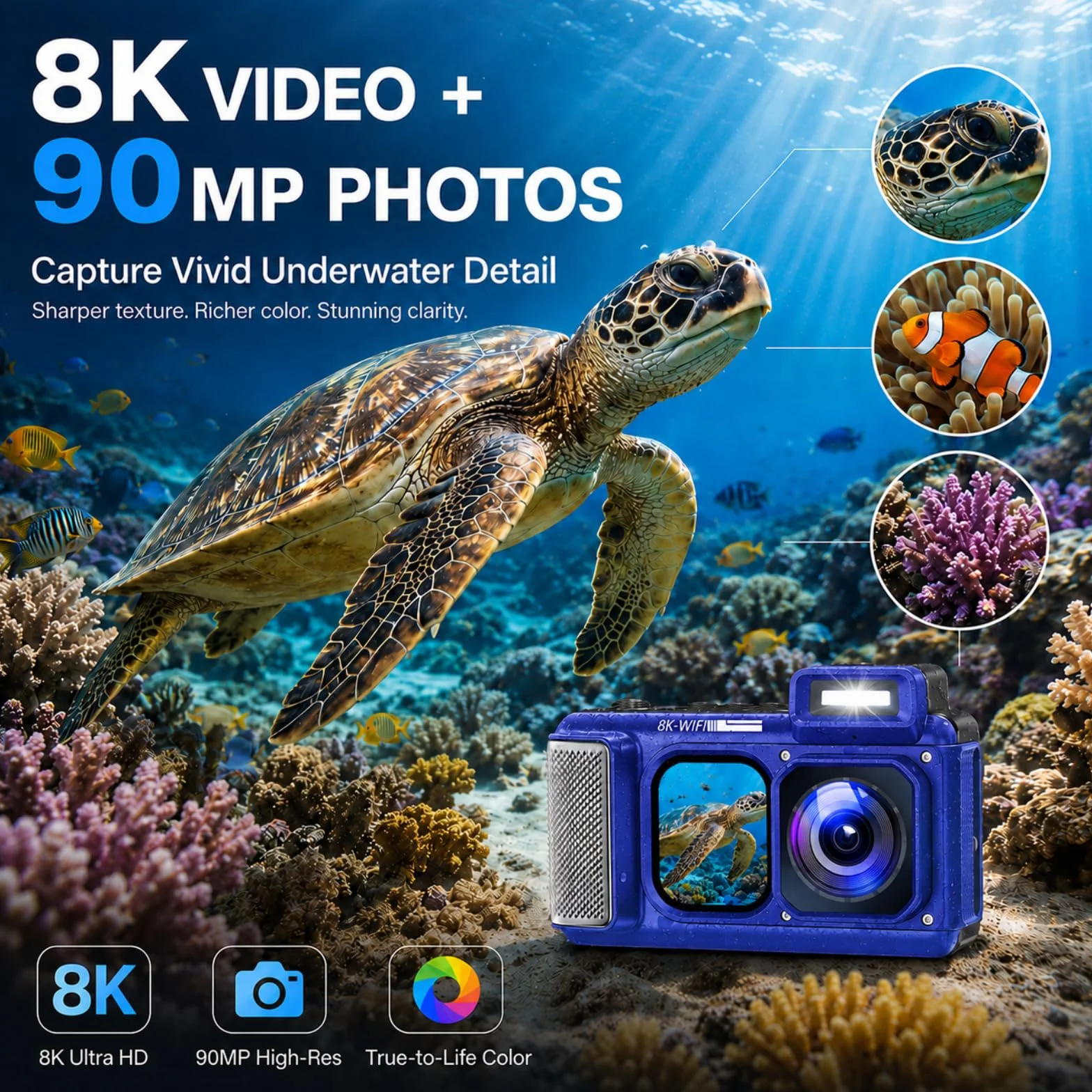 Maxmango V08 Pro 49FT Macchina Fotografica Subacquea - 8K 90MP WiFi Macchina Fotografica Digitale, 2.8'' Touchscreen Robusta Antipolvere Antiurto per Snorkeling, 64GB Fotocamera Digitale, Blu