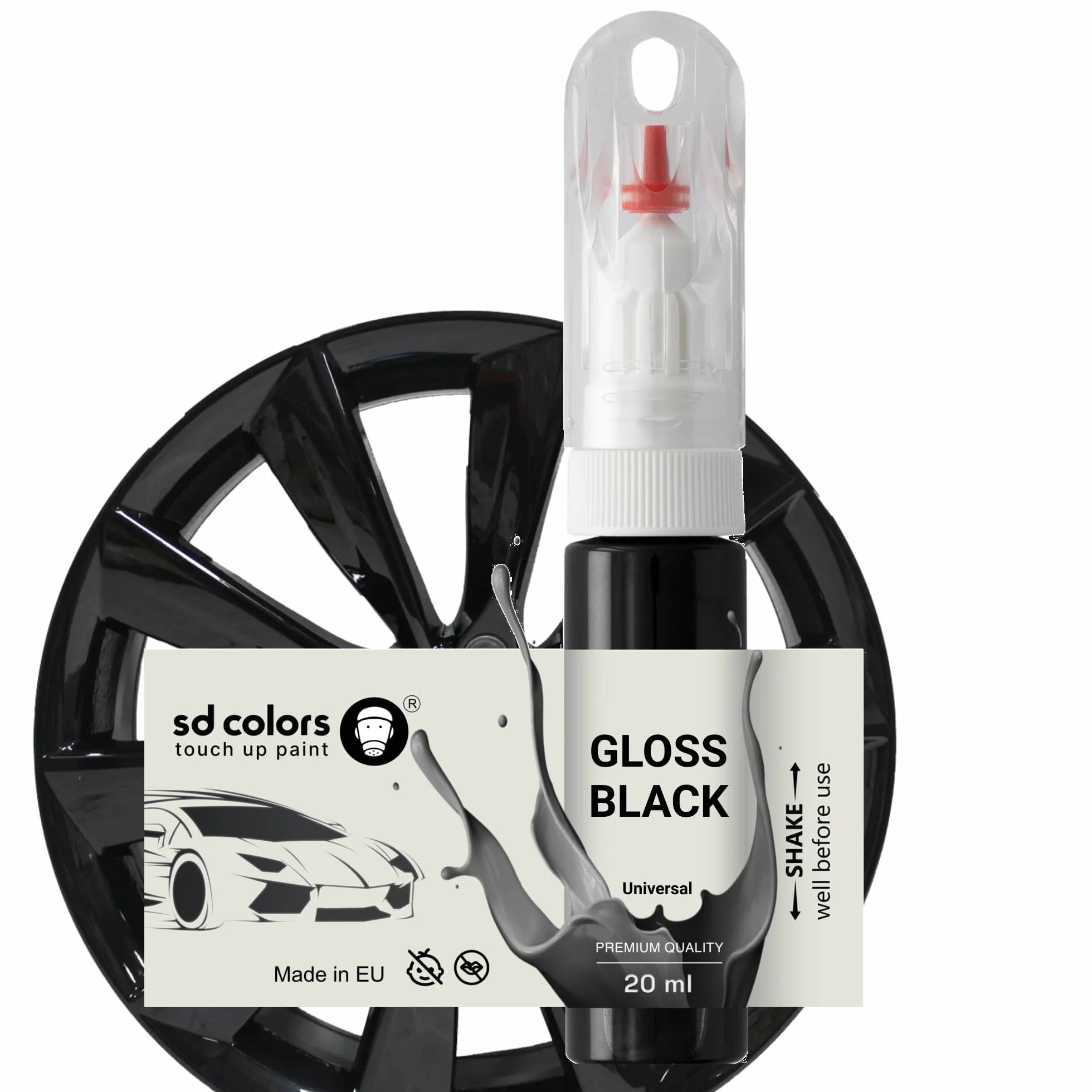 SD COLORS Kit di riparazione pennelli per ritocchi ruota in lega nera lucida 20 ML