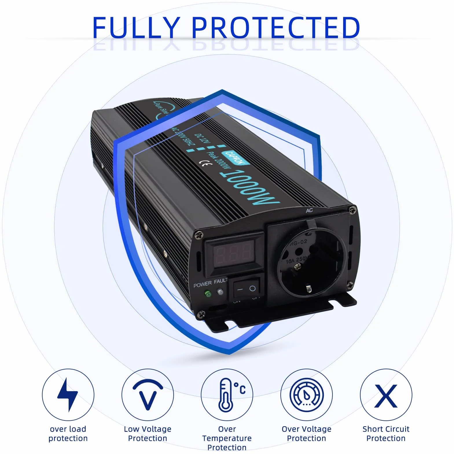Power Inverter Onda Sinusoidale Pura 1000W da 12V CC a 220V 230V CA con display LCD Invertitore di Tensione per sistema solare RV domestico