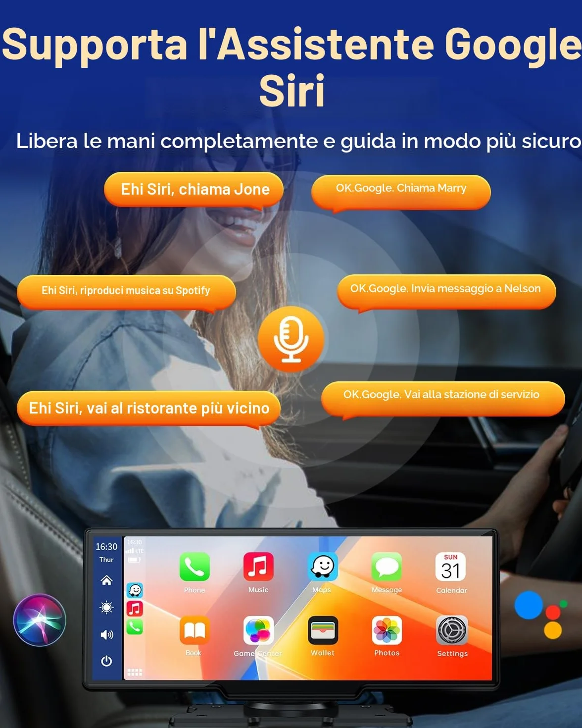Volam 9.26 pollici Schermo Carplay Auto, Autoradio Portatile con Carplay Android Auto Wireless, Schermo tattile, IOS Mirror Link, Navigazione, Assistente Vocale Siri, G00gle, FM, AUX, Bluetooth 5.0