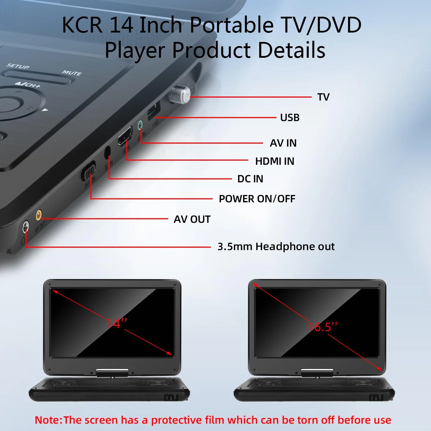KCR Lettore DVD portatile 14,0 pollici con HD e USB/HDMI/AV/Audio, telecomando HEVC Main 10