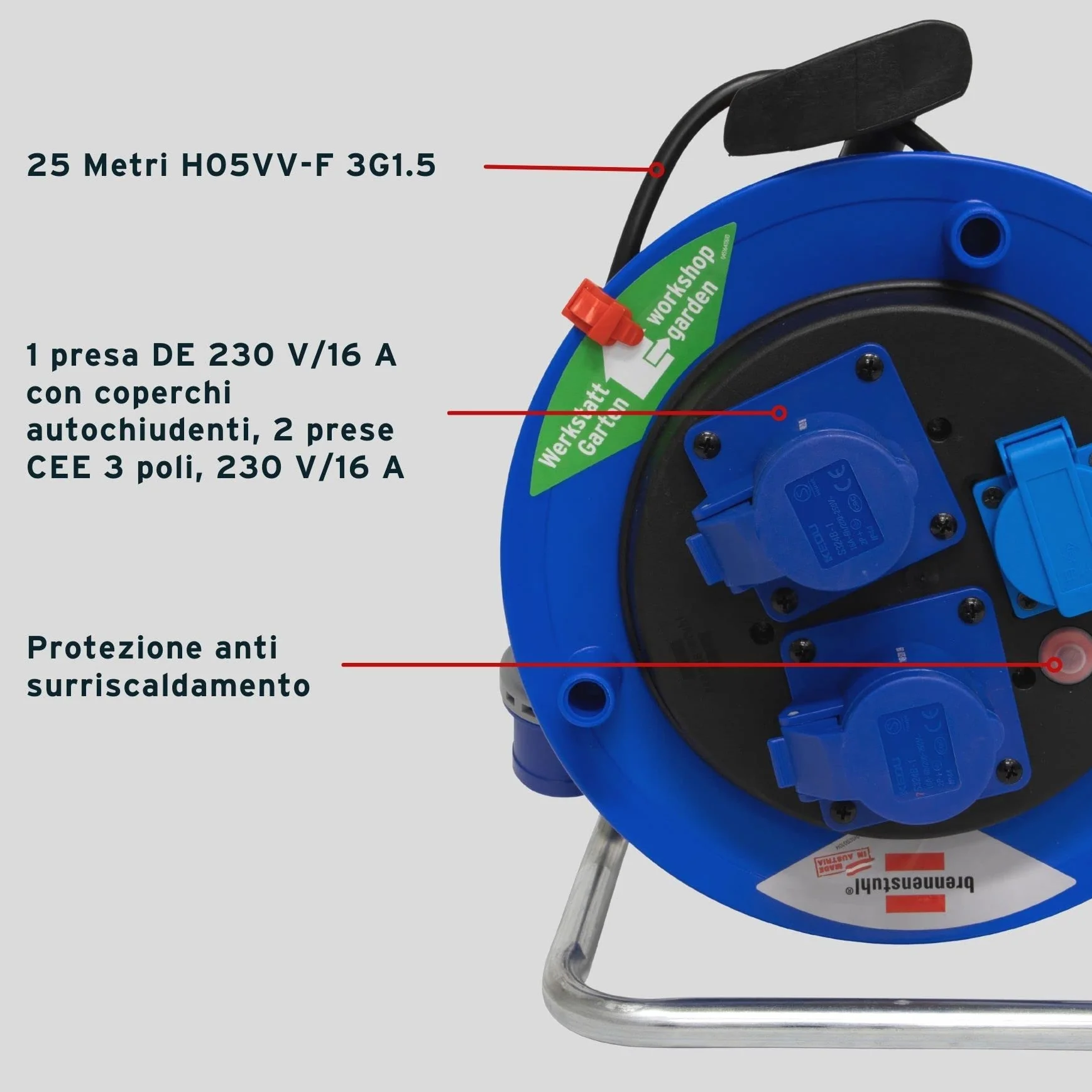 Prolunga Elettrica 25 Metri con Avvolgicavo Professionale Brennenstuhl | Spina CEE 3 poli, 230 V/16A| 1 presa Schuko e 2 prese CEE 3 poli 230V/16A Autochiudenti | Serie Garant ST CEE2 - IP44