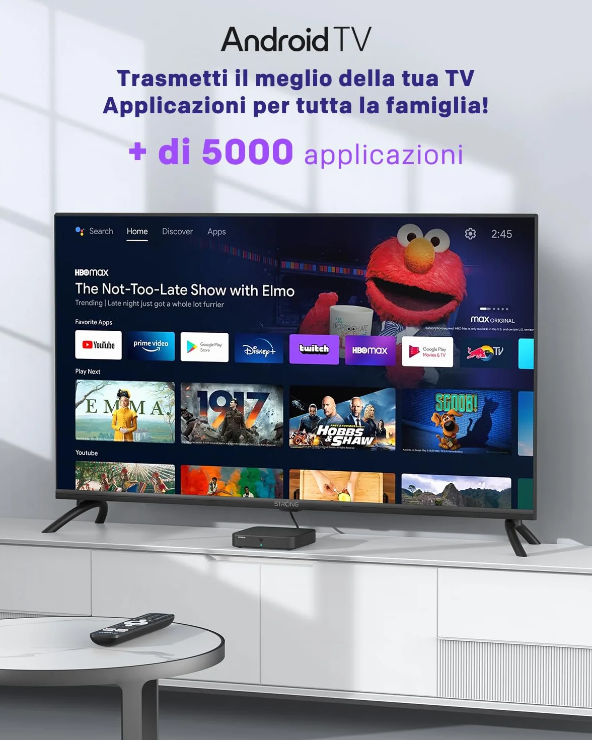 STRONG SRT420 Streaming Box Android TV, DVB-T 4K UHD, 2GB RAM + 8GB Memoria, Wi-Fi 5, Bluetooth BLE 5.0, HDR10+, Nero