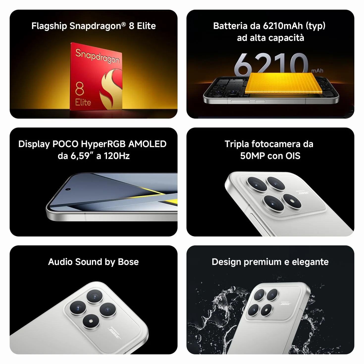Xiaomi POCO F8 Pro, Smartphone 12+256 GB, Display AMOLED 6,59" 120Hz, Tripla Fotocamera 50MP Teleobiettivo 60mm, Audio Sound by Bose, Batteria 6210mAh, Titanium, Garanzia 2 anni, Caricatore escluso