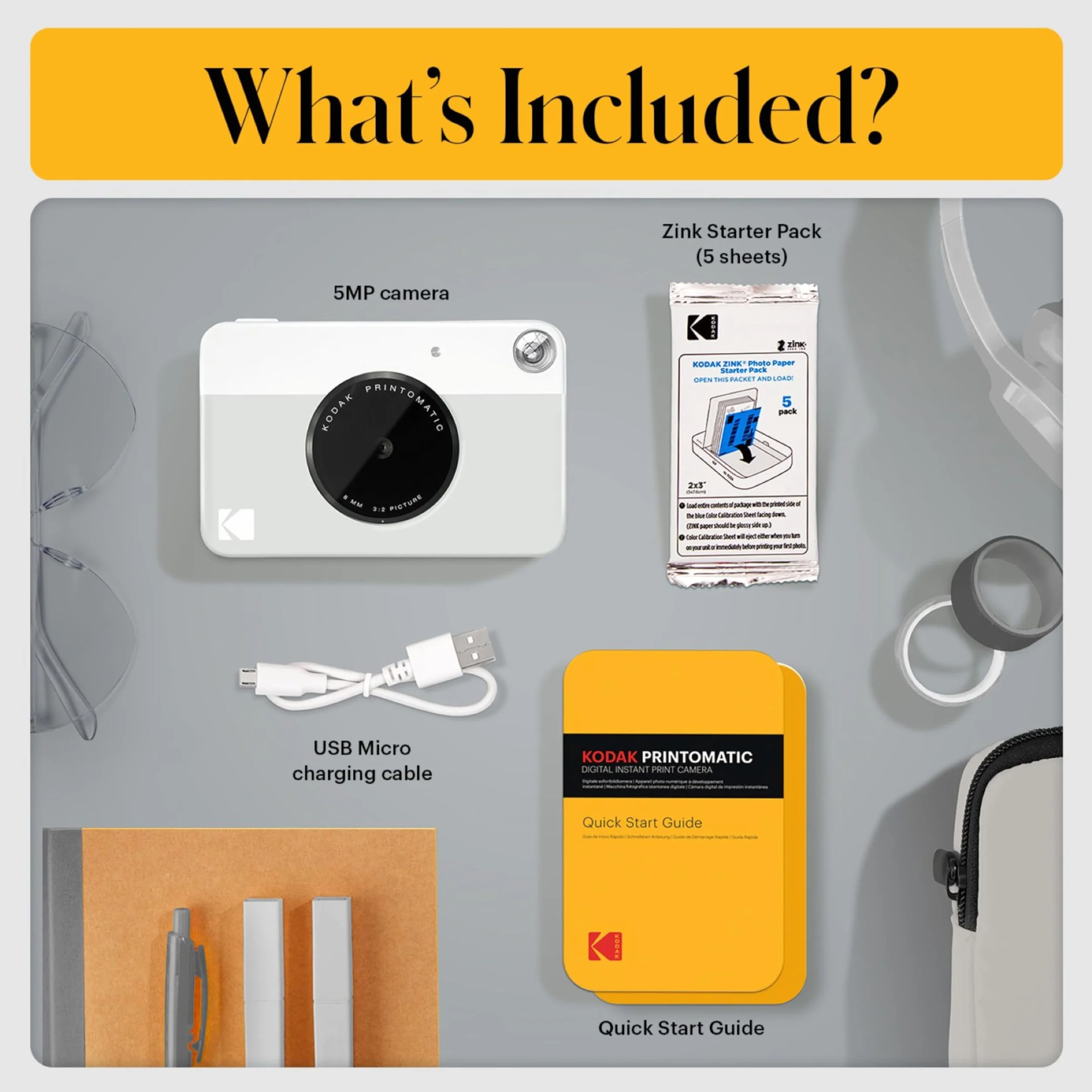 KODAK Printomatic Pacchetto iniziale per macchina fotografica a stampa istantanea a colori + Custodia morbida + Carta fotografica Zink 20pk - Foto colorate su carta adesiva 2x3" - Grigio