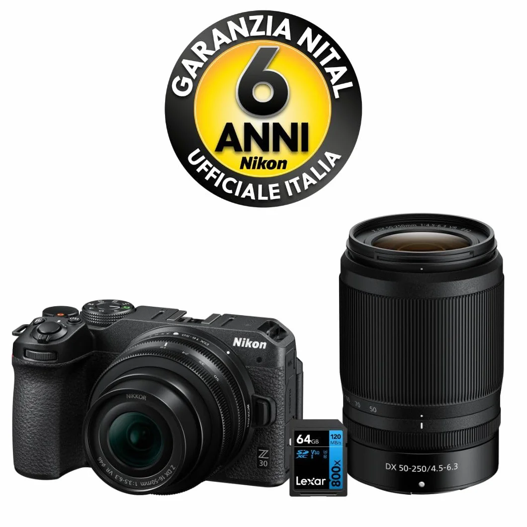 Nikon Z30 + Z DX 16-50+50-250 VR + Lexar SD 64GB 800x Fotocamera Mirrorless, CMOS DX 20.9 MP,LCD Angolazione Variabile,Registrazione fino a 125min, Video 4K,Nero, [Nital V.I.P.: 6 anni di garanzia]