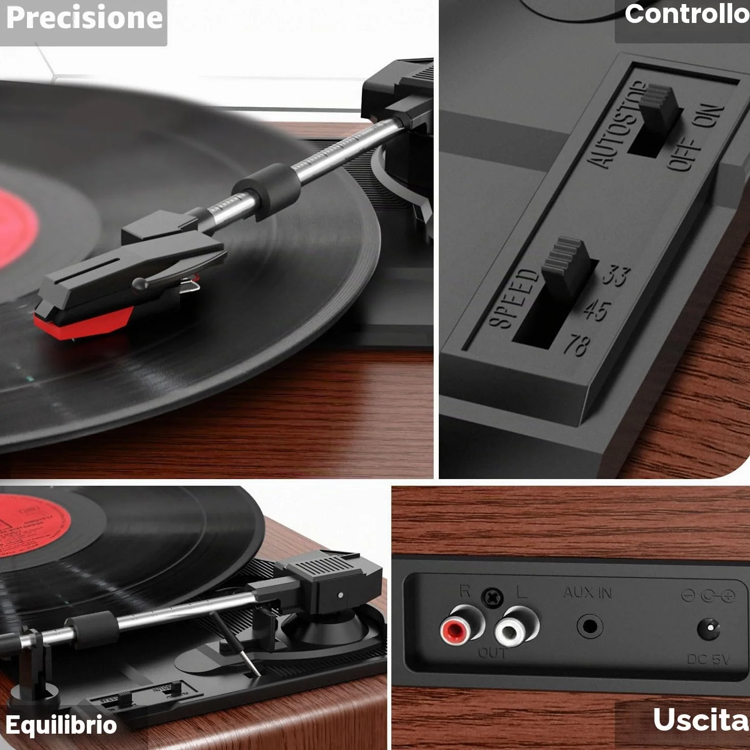 FYDEE Giradischi Vinile Vintage 3 Velocità 33/45/78 Giri Bluetooth Altoparlanti Integrati Auto-Stop RCA AUX Cuffie Mogano