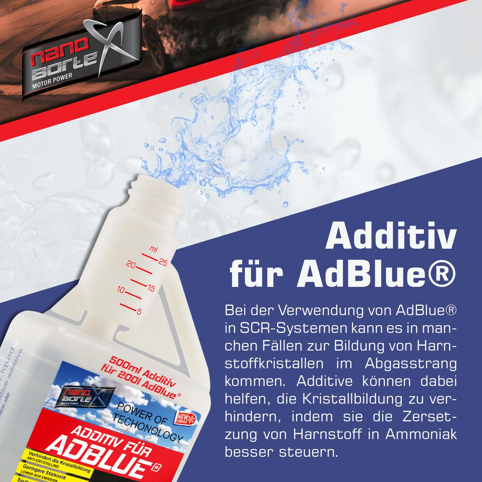 NanoBorTeX Additivo per AdBlue® – SCR Cleaner contro la formazione di cristalli e pulisce il sistema SCR, migliora le prestazioni del catalizzatore e garantisce una pulizia efficace dei gas di scarico