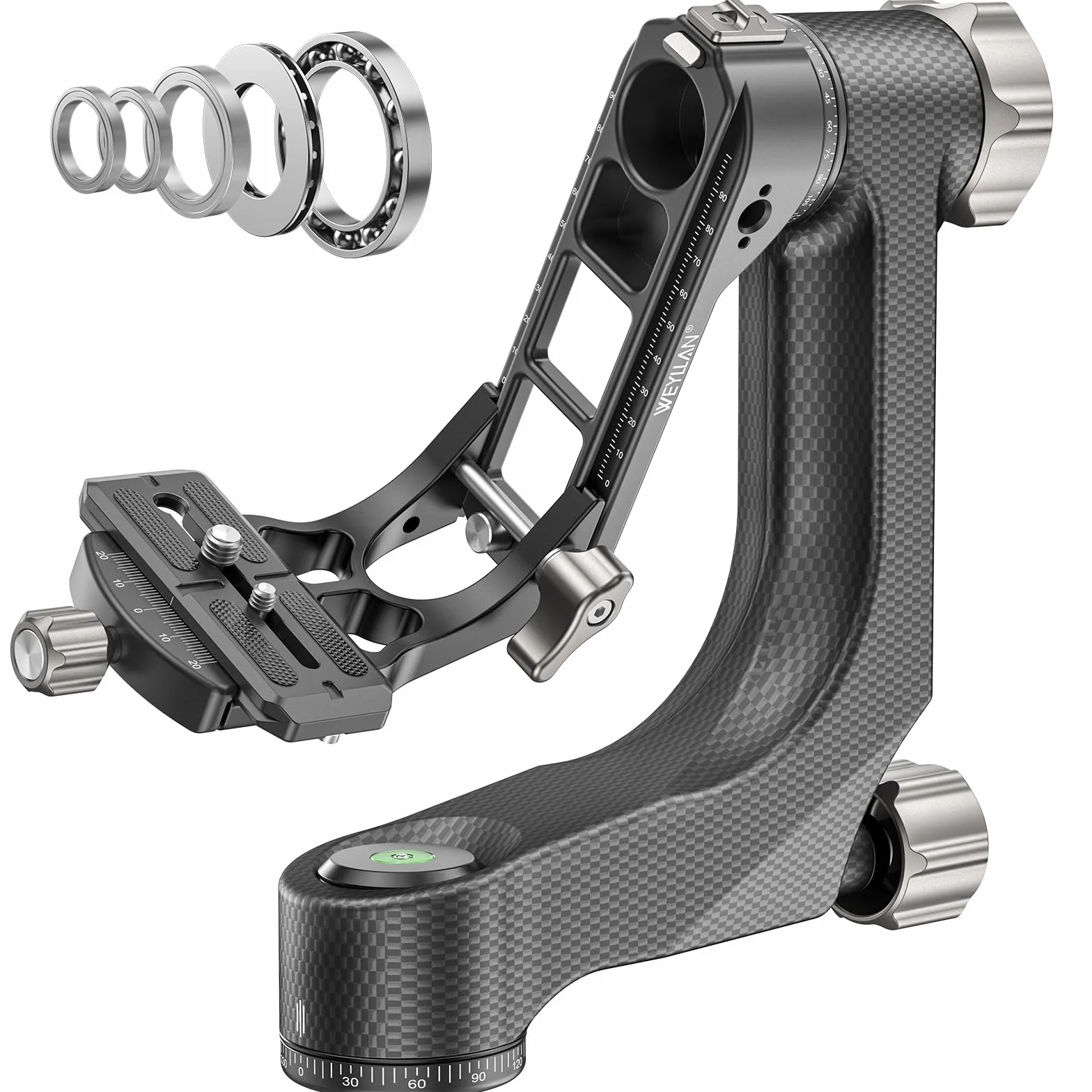 WEYLLAN Gimbal Testa Treppiede Professionale in Fibra di Carbonio, Gimbal Testa Panoramica a 360°, con Piastra a Sgancio Rapido Arca-Swiss da 1/4'' e 3/8'', per fotocamera DLSR, Carico Max 20kg