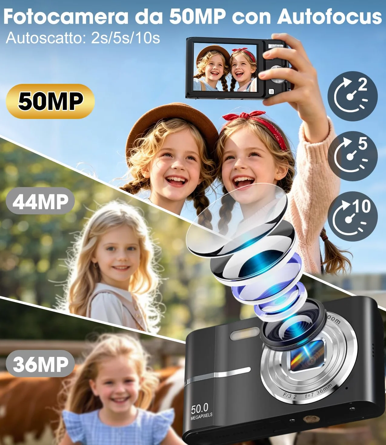 Macchina Fotografica Bambini 50MP 1080P, Autofocus, Schermo 2,4", Zoom Digitale 16X, Anti-Shake, Nero Vlogging Compatta Digital Camera per Ragazzi, Bambini, Studenti e Principianti con Scheda 16GB