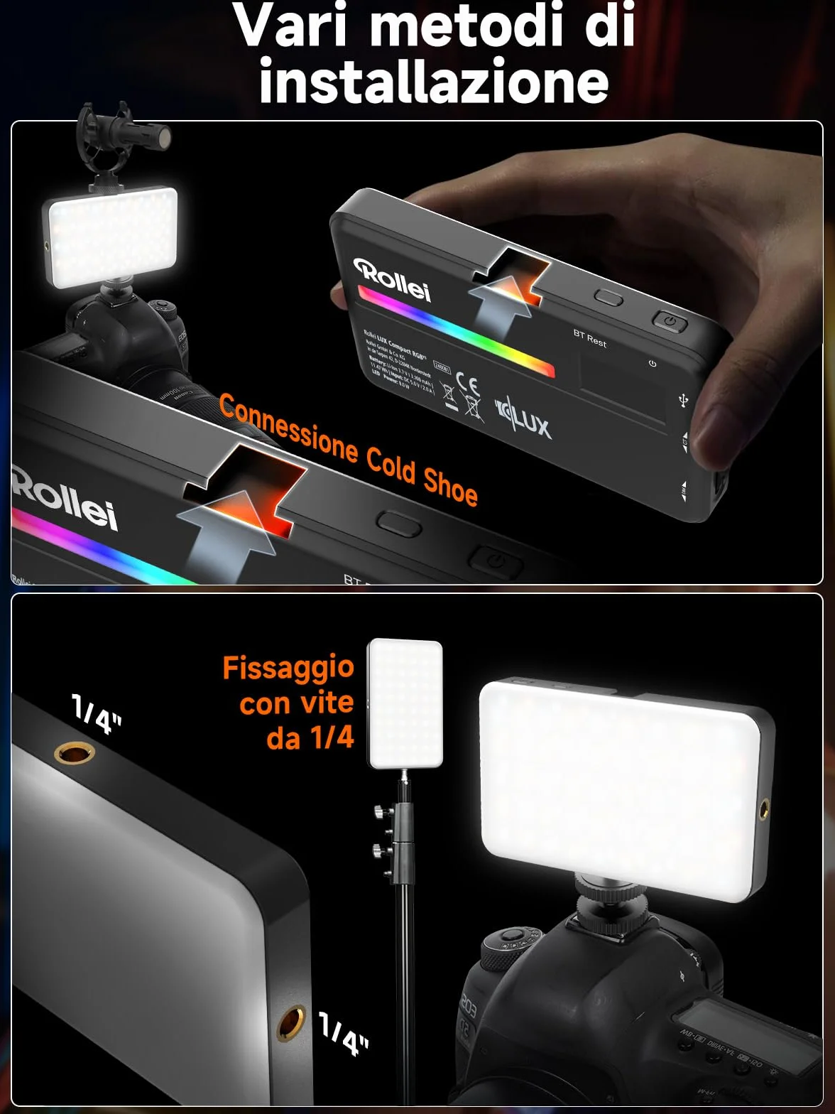 Luce Led Fotografia, Rollei Lumis Compact RGB Faretto Video Fotografiche Portatile 125g 98 CRI/TLCI con 13 Effetti e Batteria Ricaricabile per Macchina Fotografica, Faretto-Luce-Fotografia-LED-Video