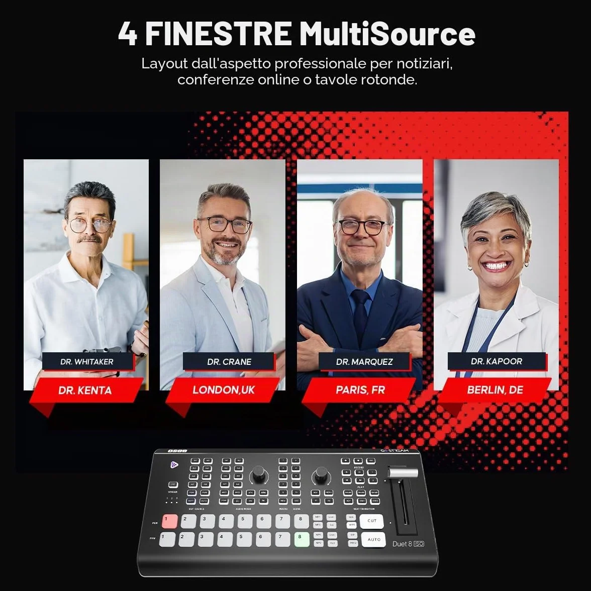 Osee GoStream Duet 8 ISO Mixer Video 8 Canali, 4×SDI + 4K HDMI, NDI HX/SRT/RTMP, 2 Webcam, Ingressi Audio XLR, Registrazione ISO Separata per podcast, YouTube e Facebook