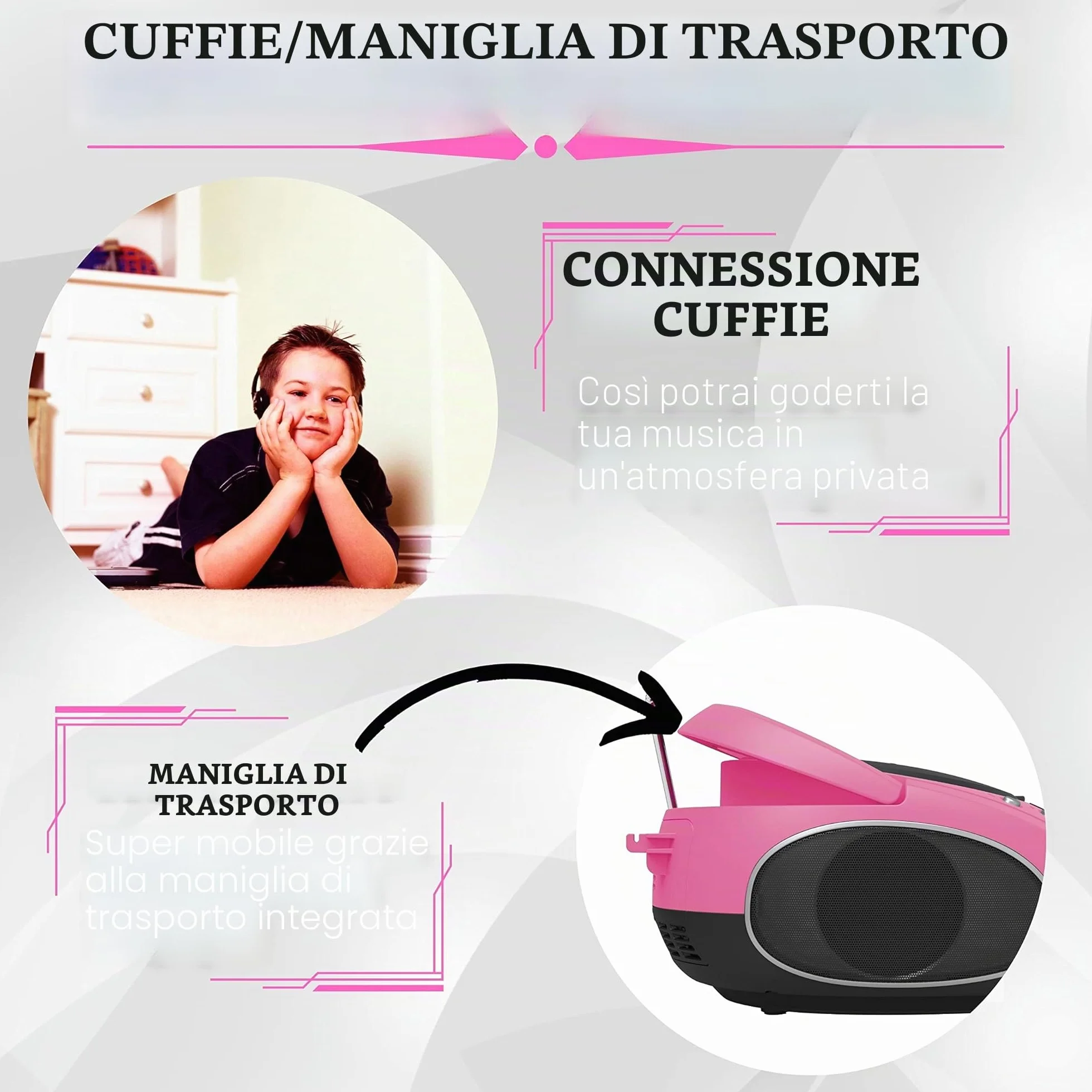 Boombox portatile lettore CD CD-R USB radio FM AUX jack cuffie impianto stereo compatto rosa Pretty Pink