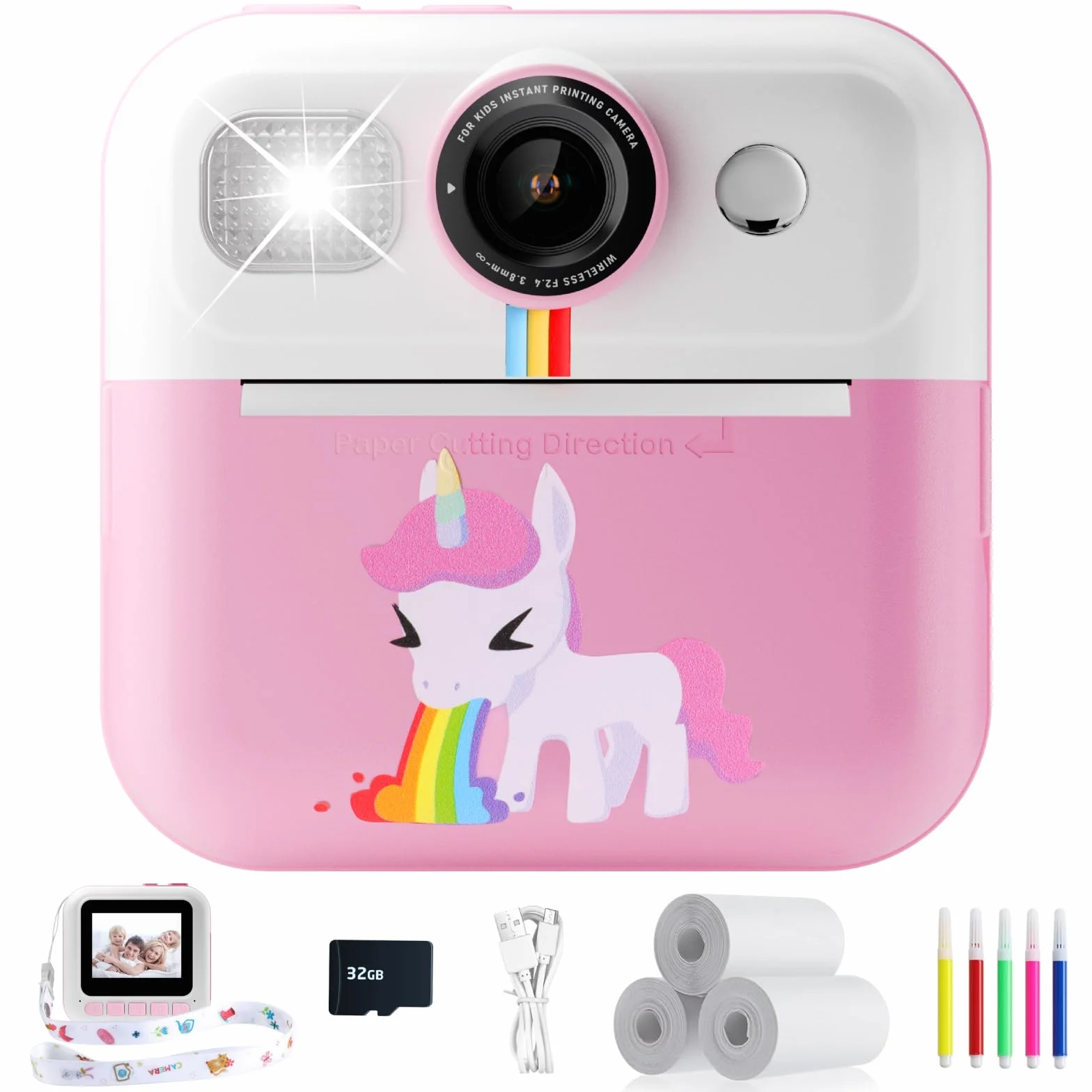 Macchina Fotografica Bambini Istantanea, 2,4 Pollici 1080P Fotocamera Bambini Selfie con Carta da Stampa e 32GB Scheda, Giocattolo Regalo di Natale Bambino e Bambina 3 4 5 6 7 8 Anni (Rosa)