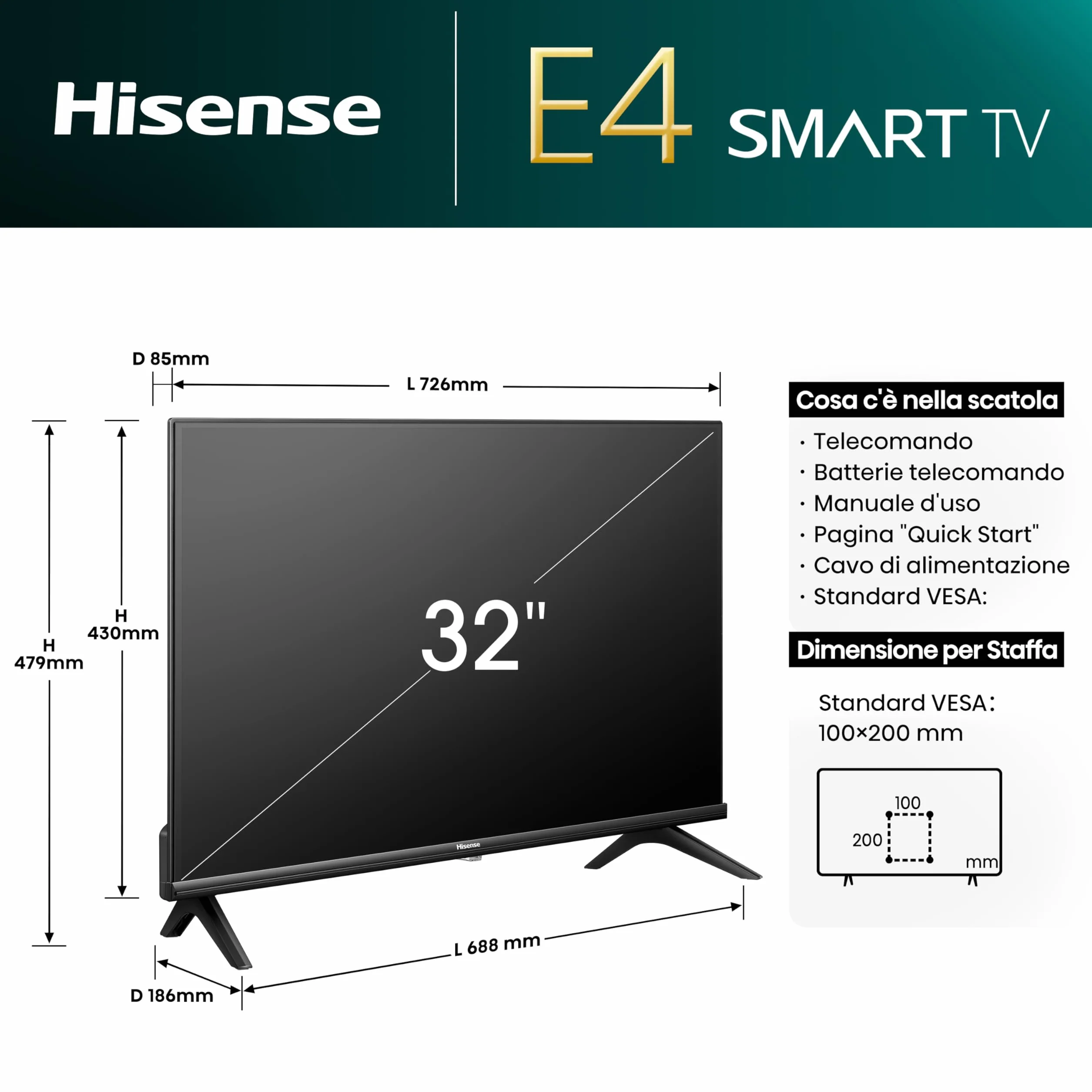 Hisense TV 32" HD Ready 32E43NT, Smart TV VIDAA U7, Game Mode, Works with Alexa, Tuner DVB-T2/S2 HEVC 10, lativù