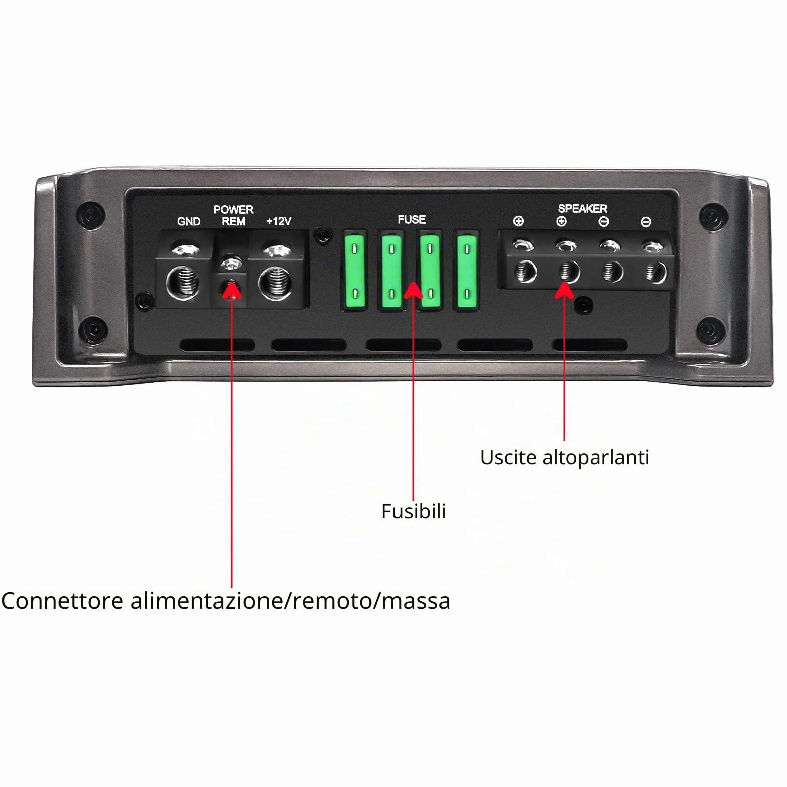 RECOIL RED1200-1 Amplificatore subwoofer monoblocco per auto in classe D da 2500 Watt, 1 Ohm stabile, manopola dei bassi remota inclusa