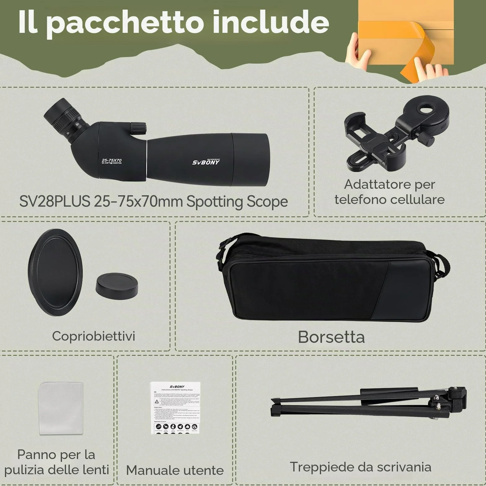 Svbony SV28PLUS Cannocchiale con Treppiedi Smartphone Adapter, 25-75x70mm con A5 Rosso Bordeaux FMC BAK4 IP65, Telescopi Spotting Scope per Adulti tiro a segno Tiro con l'arco Birdwatching