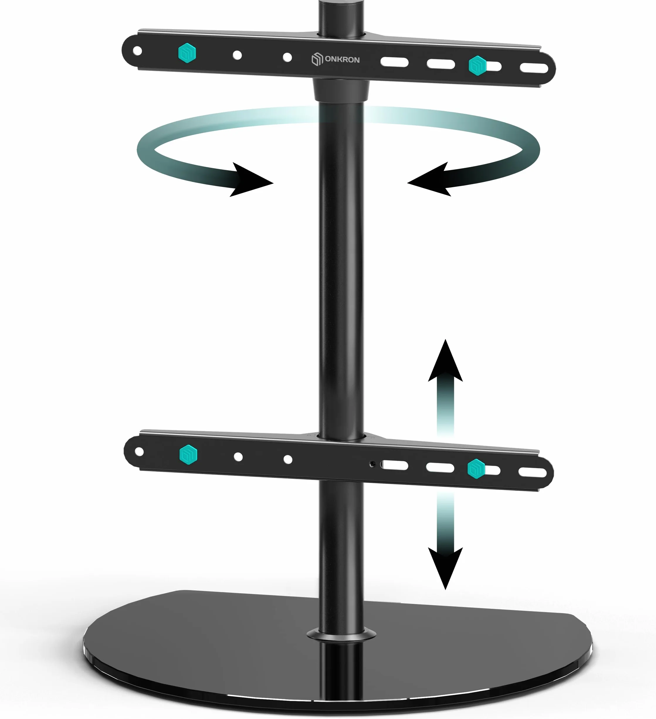 ONKRON Supporto TV da Tavolo 32 a 65 pollici, Carico 35 kg, Porta Televisore VESA 100x100 - VESA 400x400 mm, Rialzo per Televisore Girevole, Piedistallo TV Universale, in Vetro Temperato, Nero PT2-B