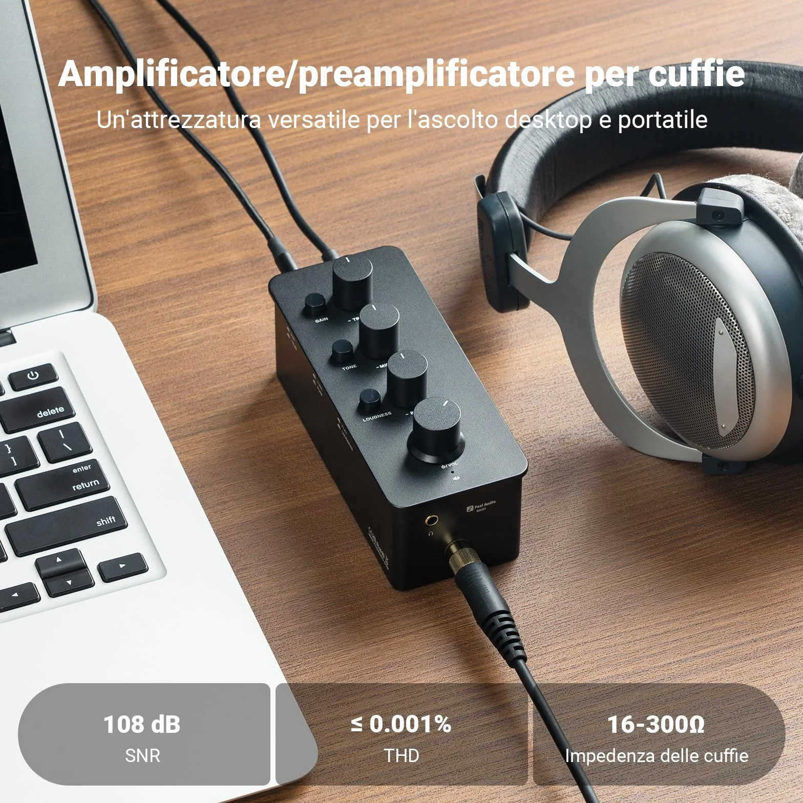 Fosi Audio SK01 Amplificatore Cuffie, Equalizzatore Audio, Classe A Amplificatore per Cuffie Portatile, Controllo dei Toni Medio Bassi e Alti, Compensazione del Volume, per Jack da 3,5mm&6,35mm