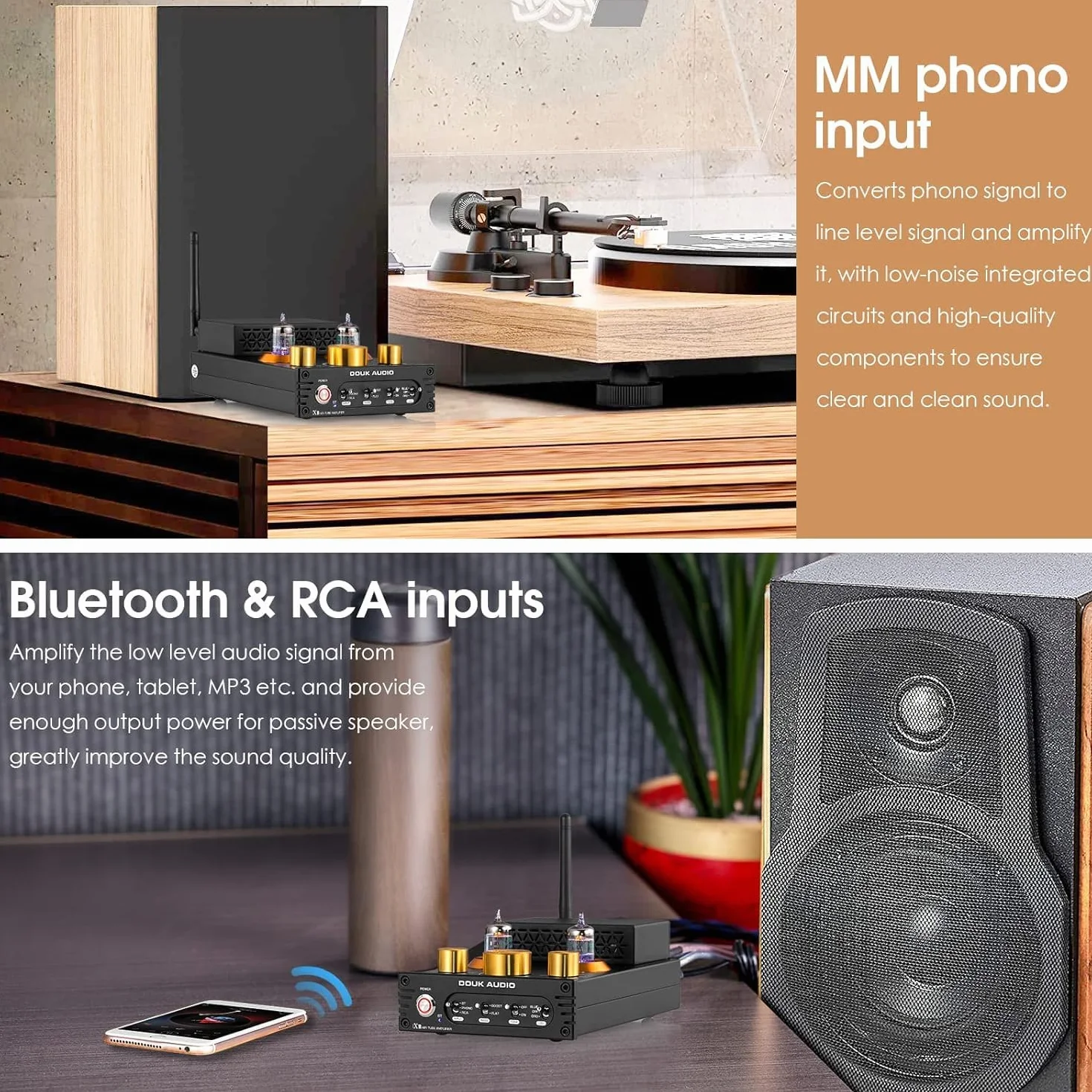 Douk Audio X1 amplificatore a valvole, amplificatore HiFi Bluetooth 5.0, amplificatore audio stereo a valvole GE5654, amplificatore phono MM, 160Wx2 chip TDA7498E, manopola di controllo acuti e bassi
