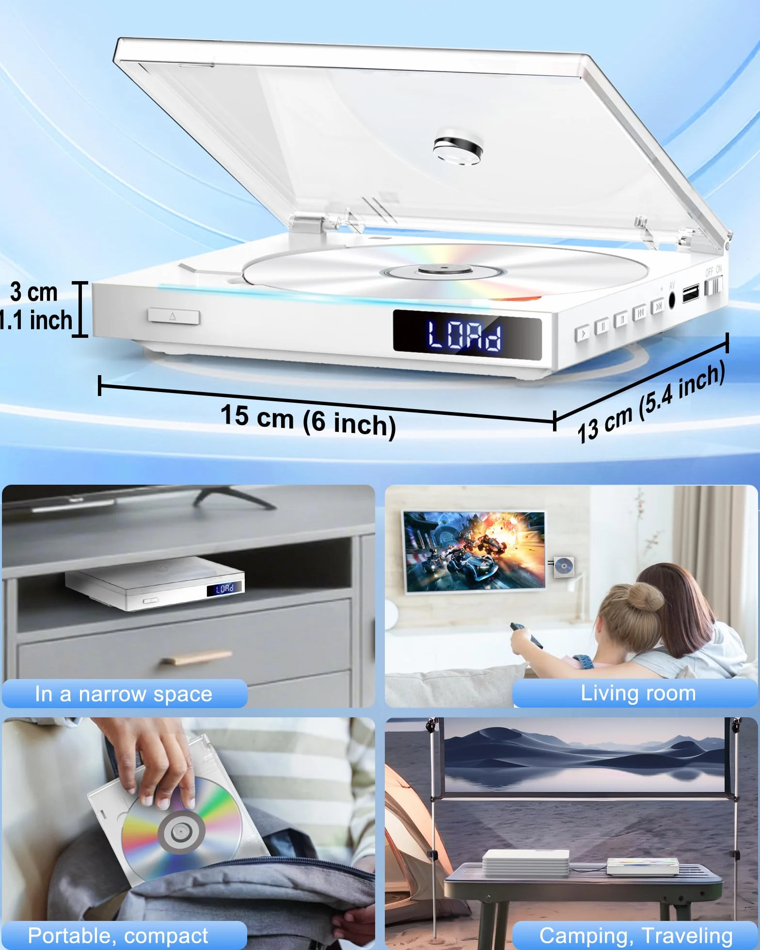Mini Lettore DVD Bianco per la Casa, Lettore DVD HDMI per TV, 1080p Full HD, Region Free, Memory Playerback, Lettori DVDs USB, Telecomando, cavo HDMI/RCA Incluso