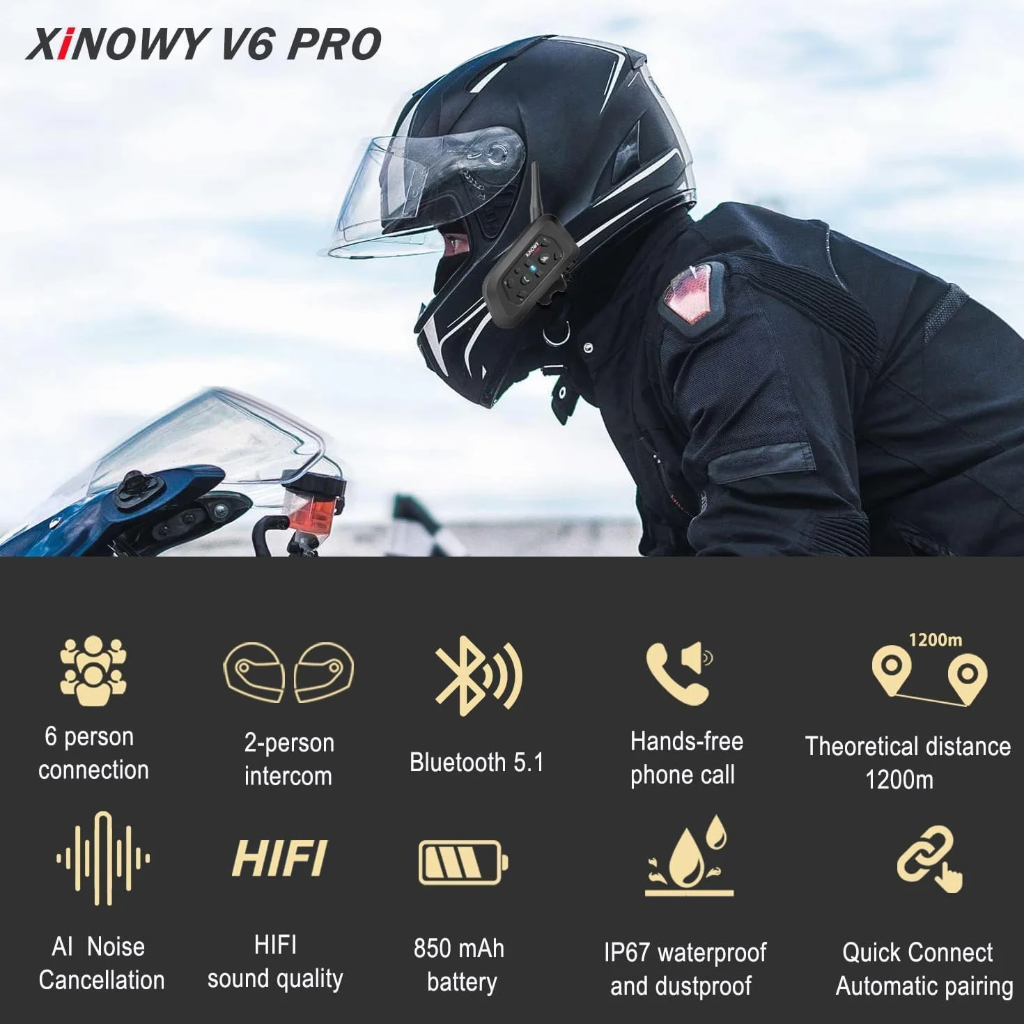 Casco da Moto Intercom V6 Bluetooth Comunicazione Vivavoce per 6 Riders Portata 1200m Qualità audio HD Resistente all'acqua per Moto/Bicicletta/MTB (Pack 2)