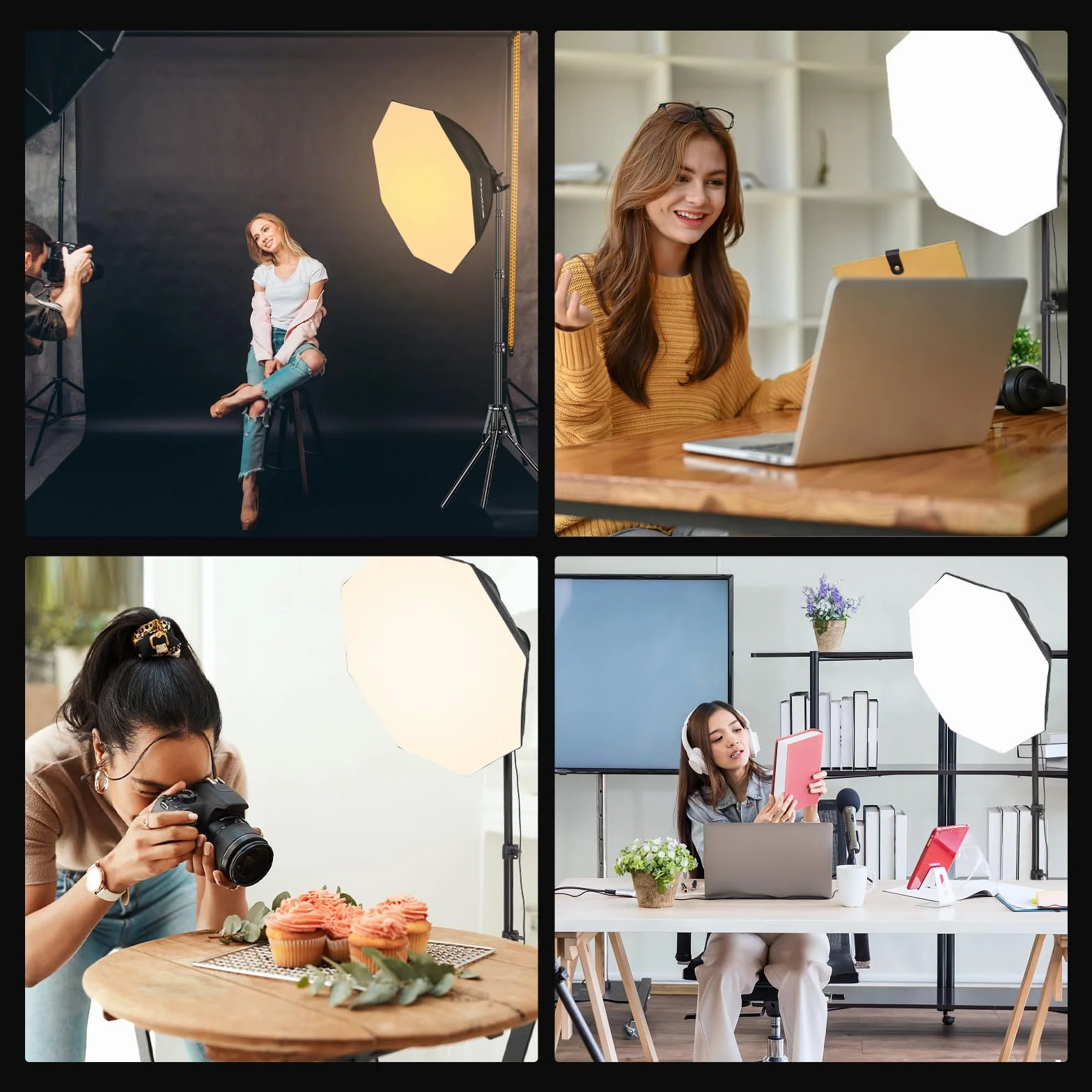Soonpho softbox set studio fotografico, set di luci fotografiche softbox ottagonale con stativi 22inch/55cm, luci da studio 3000-6000K per riprese video in studio, 2 luci fotografiche 85W