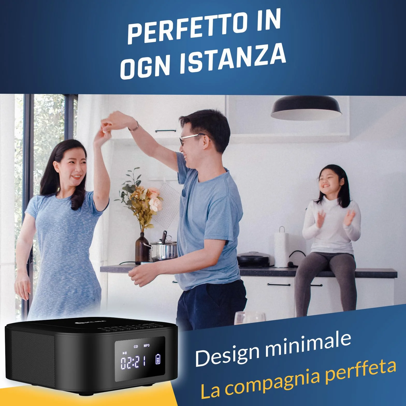 KLIM Lettore CD Stereo Boombox E1 - BASS Boost con Subwoofer - FM Radio con Lettore CD e USB, Bluetooth, AUX - Stereo casa - Filo o Wireless - Batteria ricaricabile, Telecomando - Custodie Disc