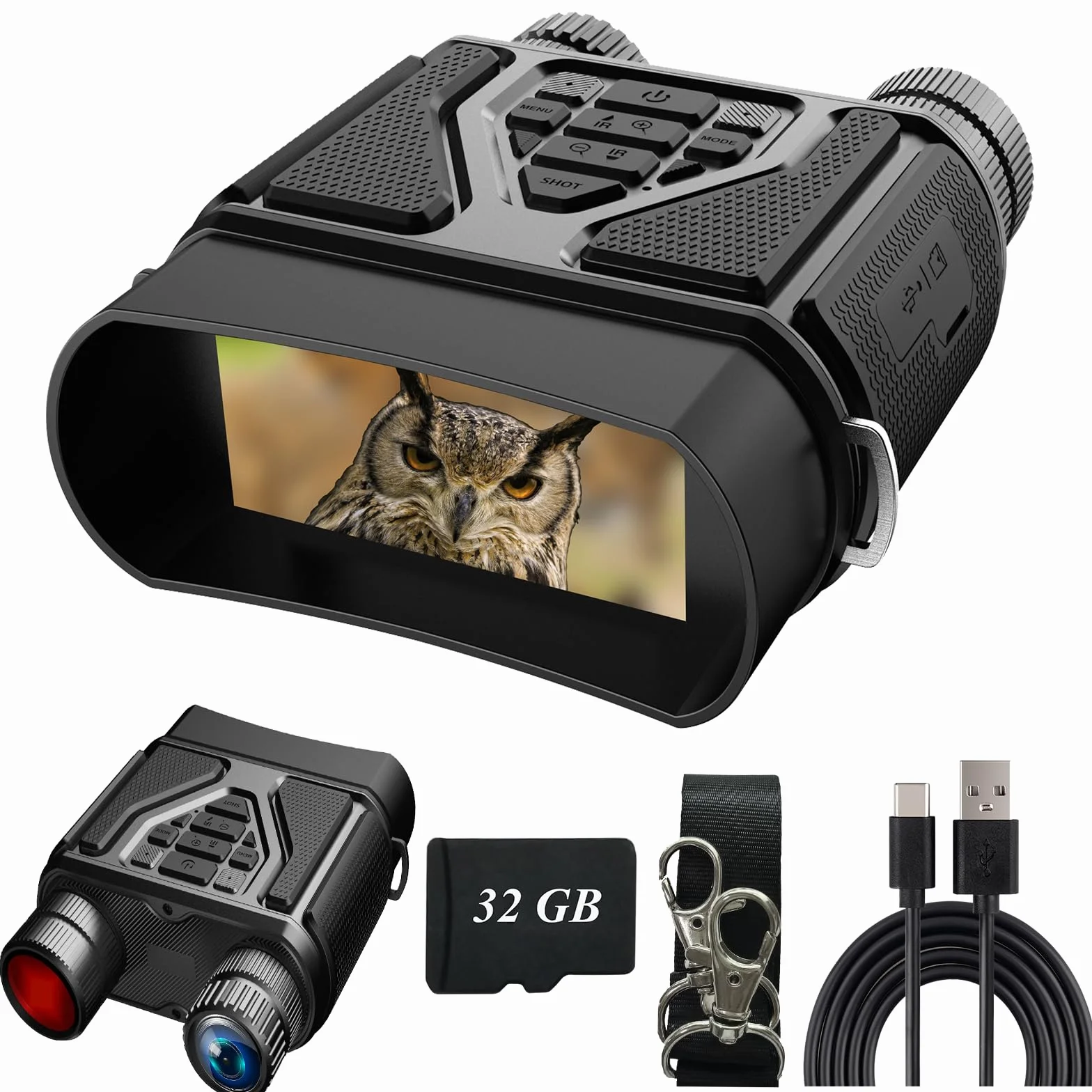 Binocolo Visione Notturna, 32 GB Scheda di Memoria Visore Notturno 3" TFT 8X Digitale Zoom 7-LIVELLI Infrarossi Vista 300M al 100% Buio per la Caccia Osservazione Uccelli e Campeggio