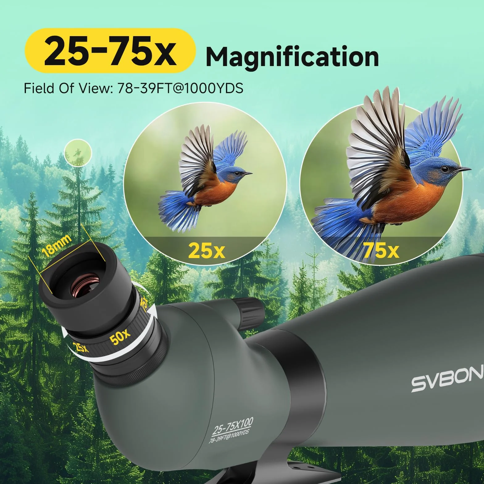 Svbony SV28 - Cannocchiale da 25-75 x 100 mm con treppiede, ampio campo visivo, immagini chiare e luminose, HD Bak4 FMC Spotter Scope con adattatore per smartphone, per tiro al bersaglio bird watching
