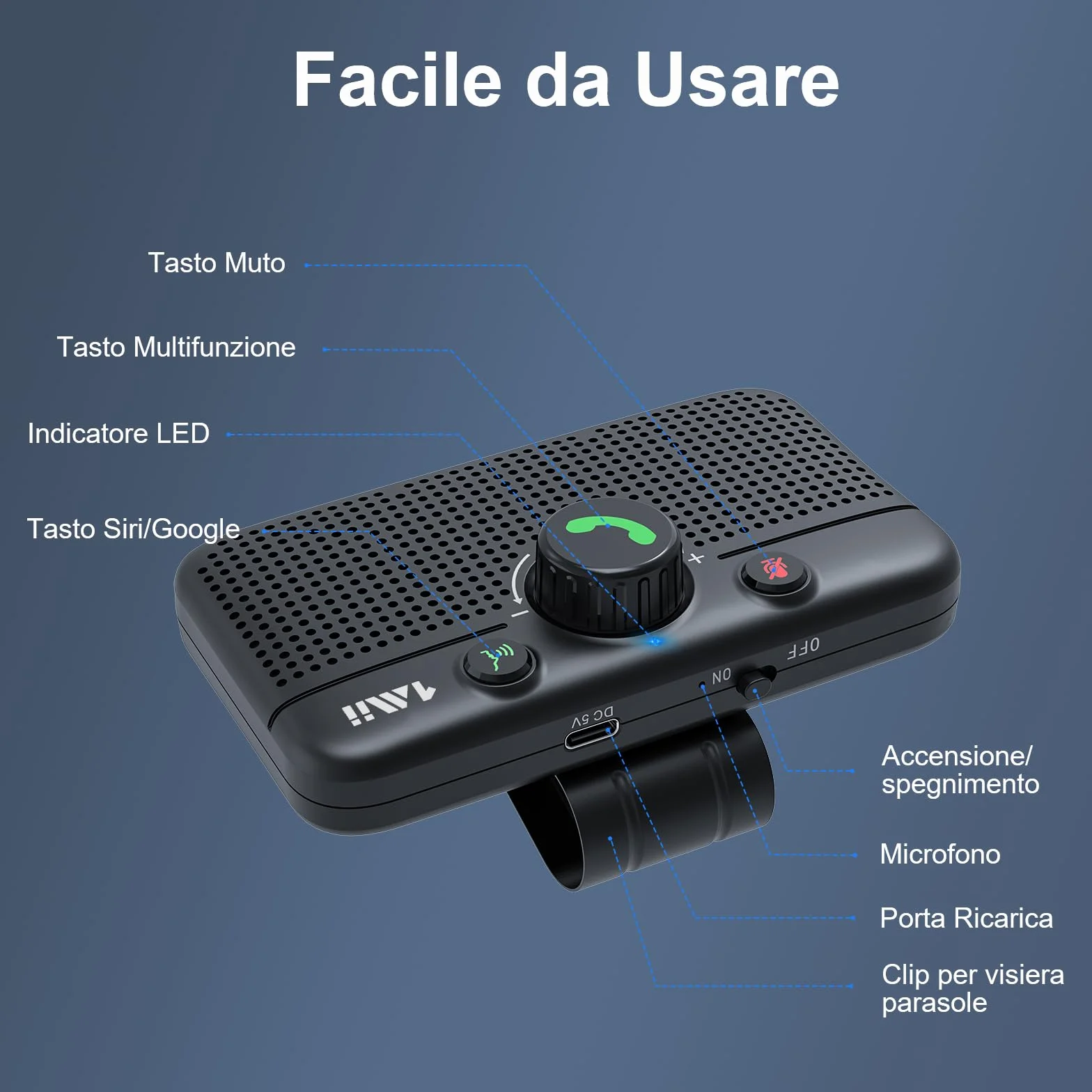 1Mii Kit Vivavoce per Auto Bluetooth 5.3 con Siri Assistente Comandi Vocali di Google Altoparlante, per Chiamate Viva Voce, GPS, Connessione Automatica, Altoparlante da 3W, Connettività Dual Link