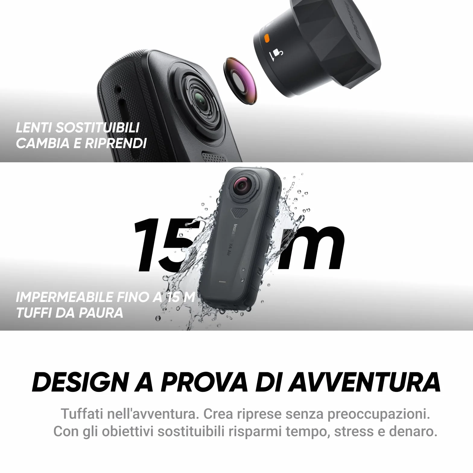 Insta360 X4 Air, Videocamera 8K 360 leggera, Selfie stick Invisibile, lenti sostituibili, cover antivento integrata, stabilizzazione FlowState, prima registri poi inquadri