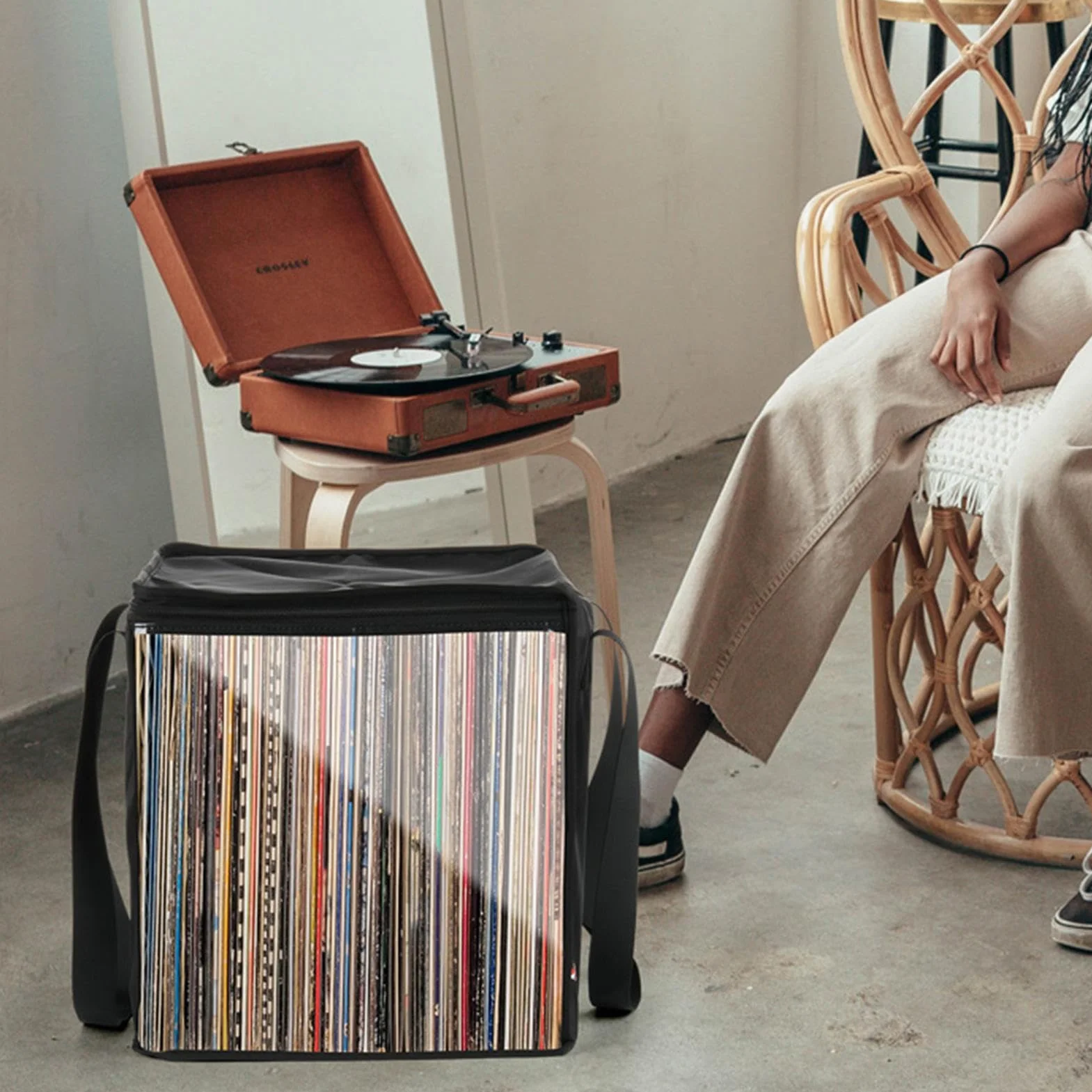 Borsa per Trasporto di Dischi in Vinile, Custodia Portatile per Dischi in Vinile, Organizer per Dischi con Coperchio Scatola Porta Raccolta per Contenere Fino A 50 Dischi LP
