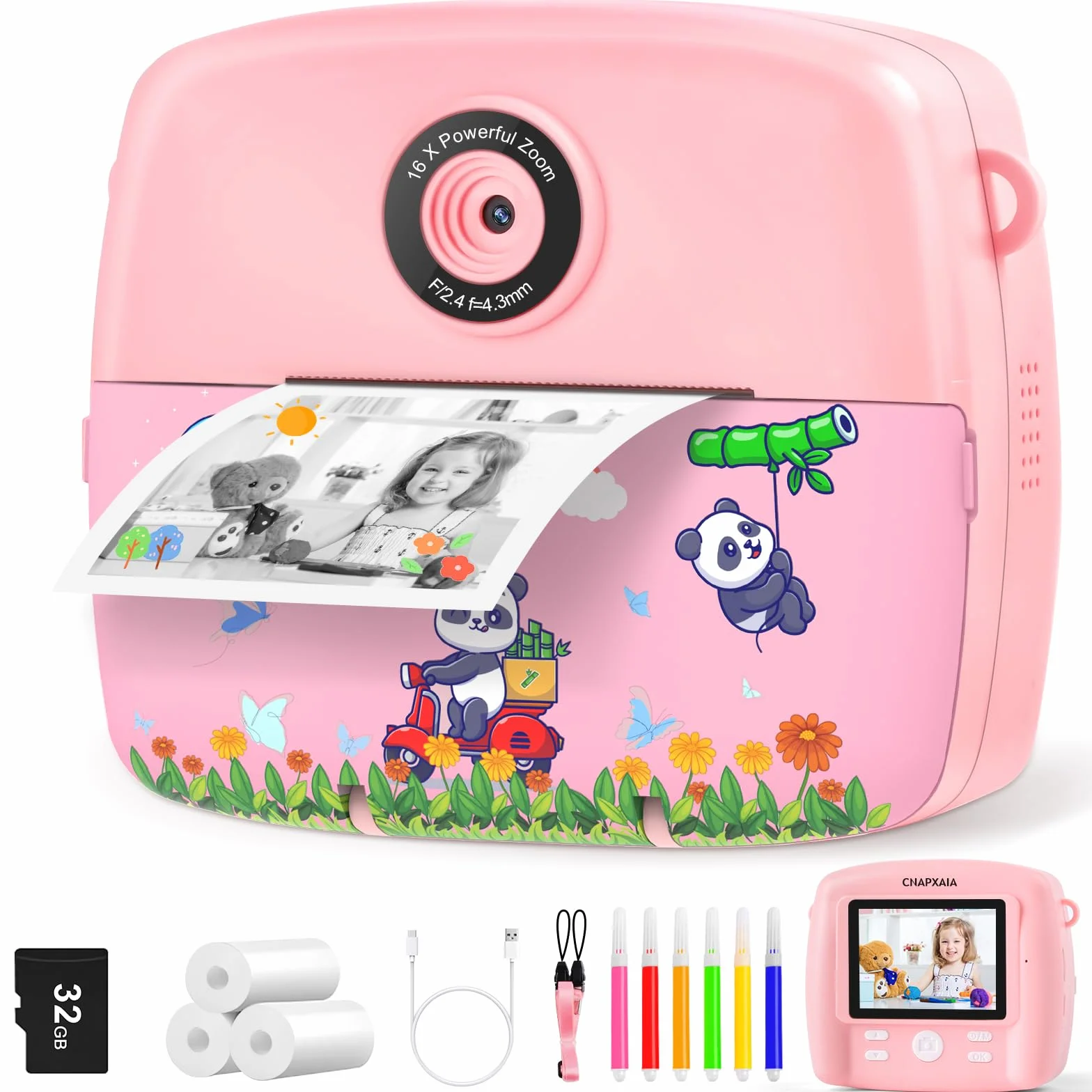 CNAPXAIA Macchina Fotografica Bambini Istantanea, 2,4" 1080P Fotocamera Digitale Bambini con 32 GB Scheda e 3 Rotoli di Carta da Stampa, Rosa