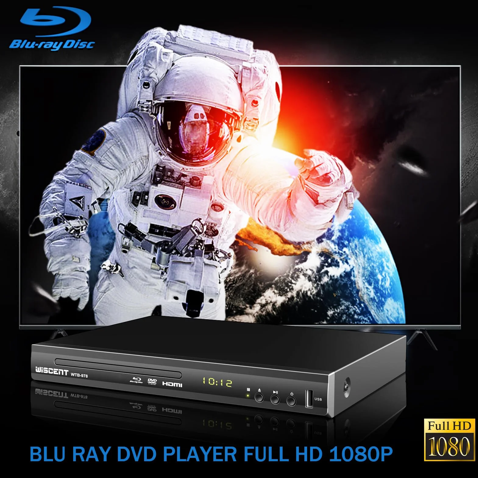 Lettore Blu-Ray per TV, WISCENT Lettore DVD con Coassiale/HDMI/AV, ingresso USB, tutti i DVD e la regione B/2 Blue Ray Discs, Lettore Bluray Compatto Full HD 1080p (WTB-978B)