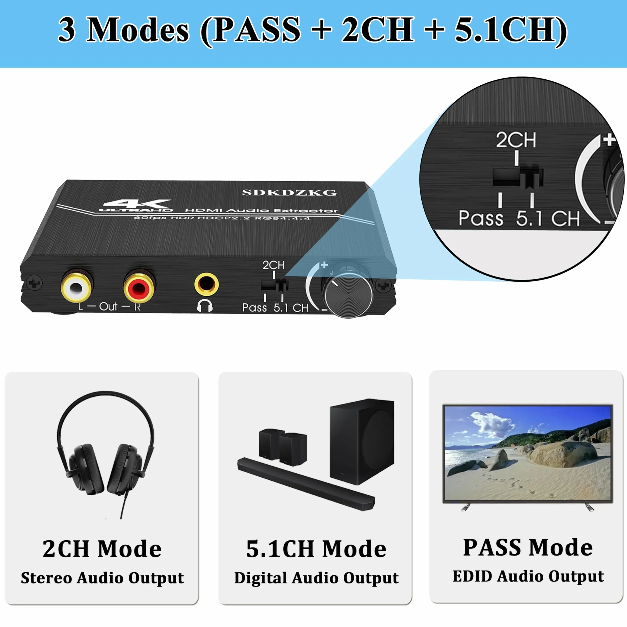 HDMI 2.0 Estrattore Audio, HDMI + Toslink Ottico SPDIF +3.5mm Stereo+RCA L/R Uscita Audio Convertitore con Controllo Volume Supporto 4k@60hz HDCP 2.2 HDR 3D YUV 4:4:4, per PS5/4 Blu-ray
