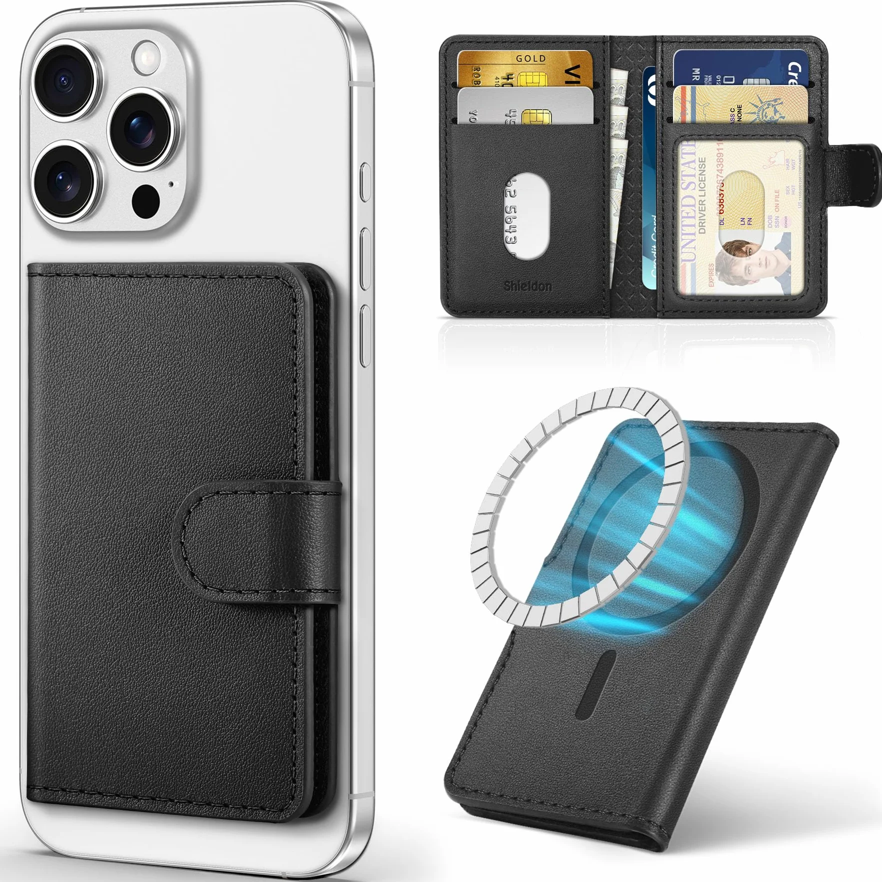 SHIELDON Porta Carte Adesivo Portafoglio Magnetico in Vera Pelle [Blocco RFID] [Slot per Carte] Porta-Carte Adesivi, Portafoglio Leather Phone Wallet per iPhone 16/15/14/13/12 – Nera