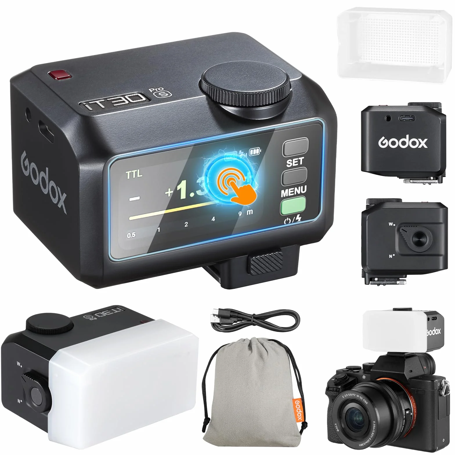 Godox iT30Pro-S iT30Pro S Mini Flash della Fotocamera con Diffusore Bianco Speedlite Camera Flash 560 Flash a Piena Potenza 2,4G Wireless Master & Receiver GN15 TTL 1/8000s para Sony DSLR(nero)