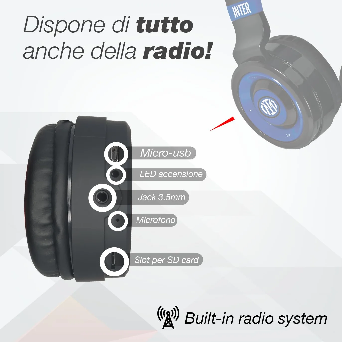 Inter -Cuffie Senza Filo Cuffie Wireless Over-Ear Bluetooth Senza Fili Pieghevoli, con Microfono Incorporato, HiFi Stereo, Micro SD Slot, FM Radio per iPhone/Android/Viaggio/PC (+ power bank 4500)