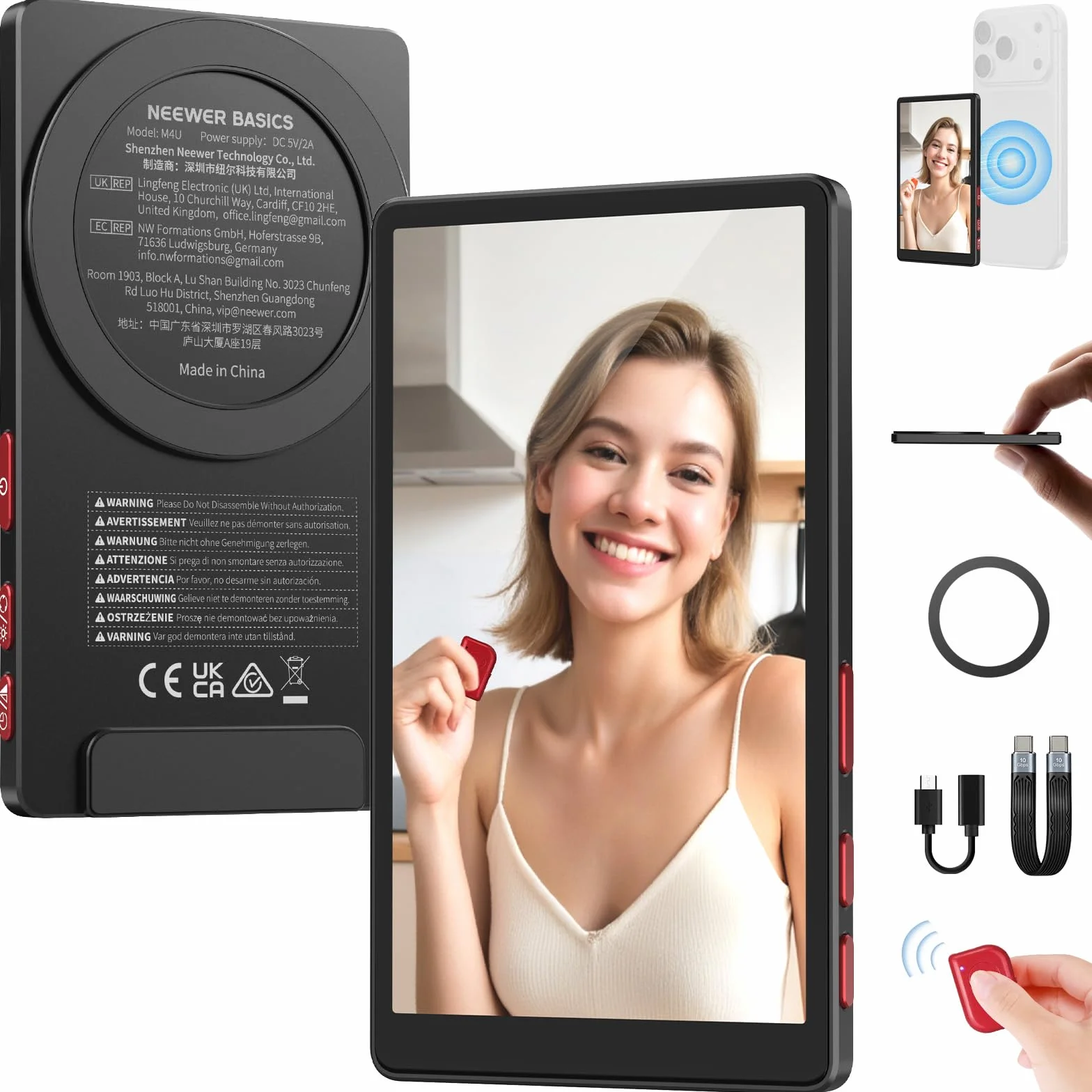 NEEWER BASICS 4" Vlog Selfie Monitor Schermo Magnetico Ultra Sottile per Fotocamera Posteriore, 600nits/Remote per Streaming Riprese Cablata 4K 120fps, Solo Compatibile con iPhone Serie 17 16 15, M4U