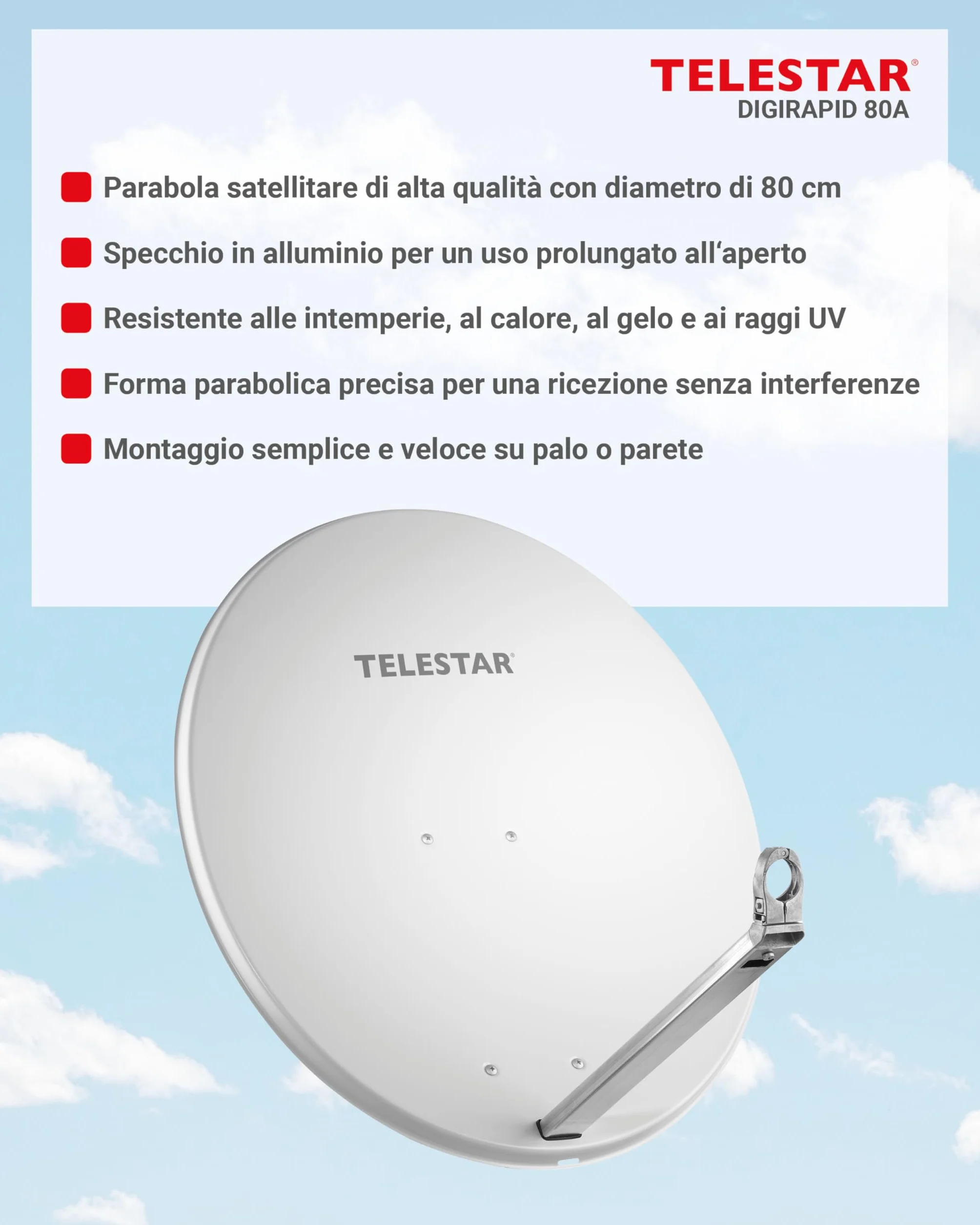 TELESTAR DIGIRAPID 80 A V2 – Parabola satellitare (80 cm, alluminio, braccio di supporto stabile e di alta qualità) – Grigio chiaro