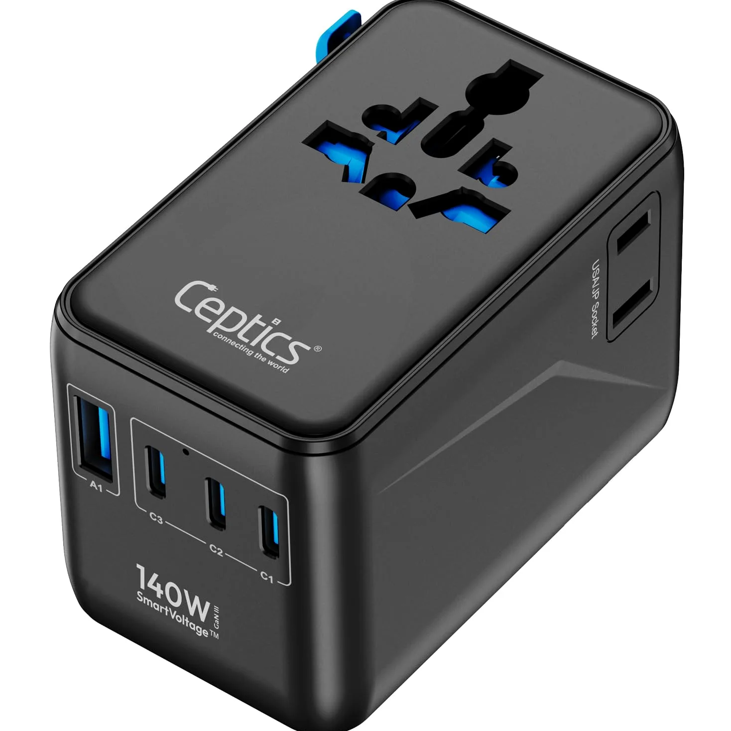 Ceptics Adattatore di alimentazione internazionale 6 in 1 con PD 140 W USB-C, 1 porta USB-A, 3 x Tipo C, ingresso universale e 1 ingresso USA/JP con prese di tipo A, C, G, I per viaggi internazionali