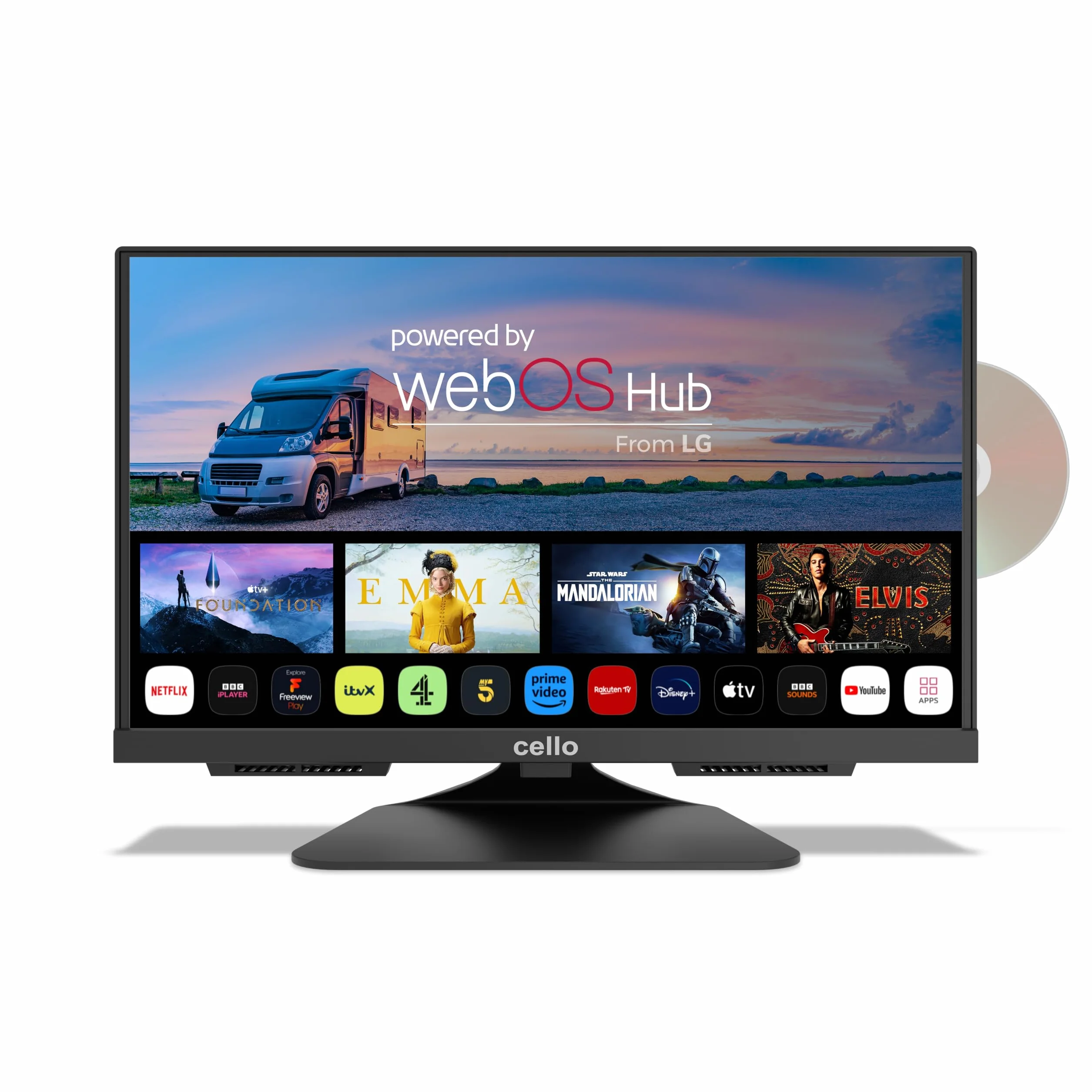 Cello C1924WSF Smart TV/DVD 12V da 19", WebOS, Bluetooth, Audio Pitch Perfect, ideale per Camper e Caravan
