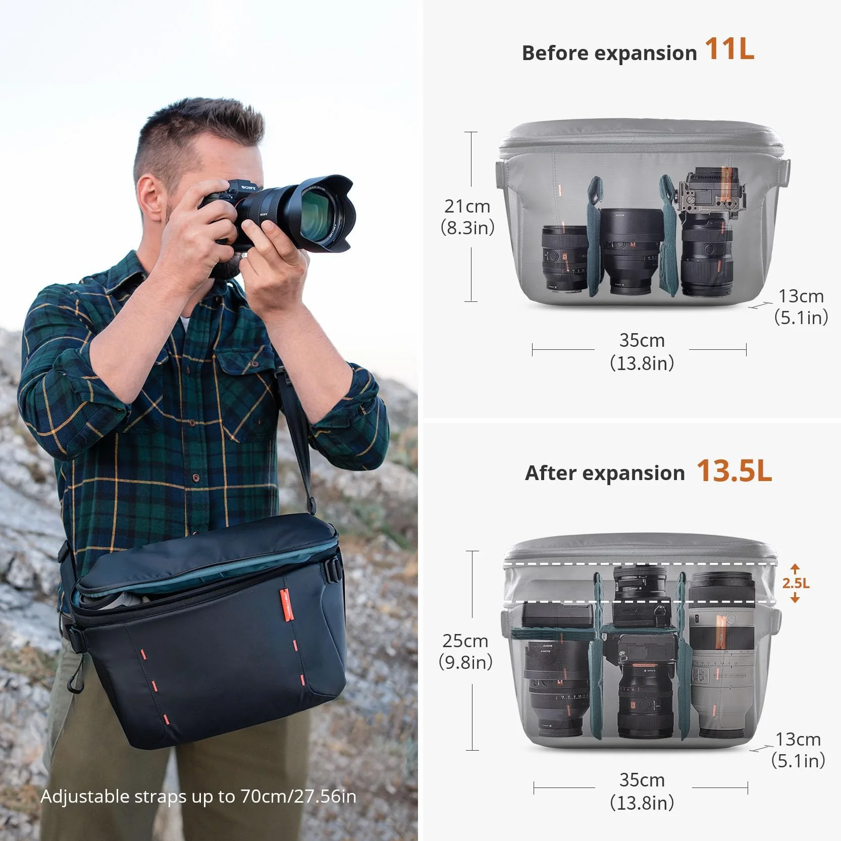 PGYTECH OneMo Borsa Fotografica 11L-13L, Tracolla Impermeabile da Viaggio, Messenger per Mirrorless e Reflex/DJI Avata 2/Mini 4 Pro/Mavic/Treppiede/Laptop, Nero