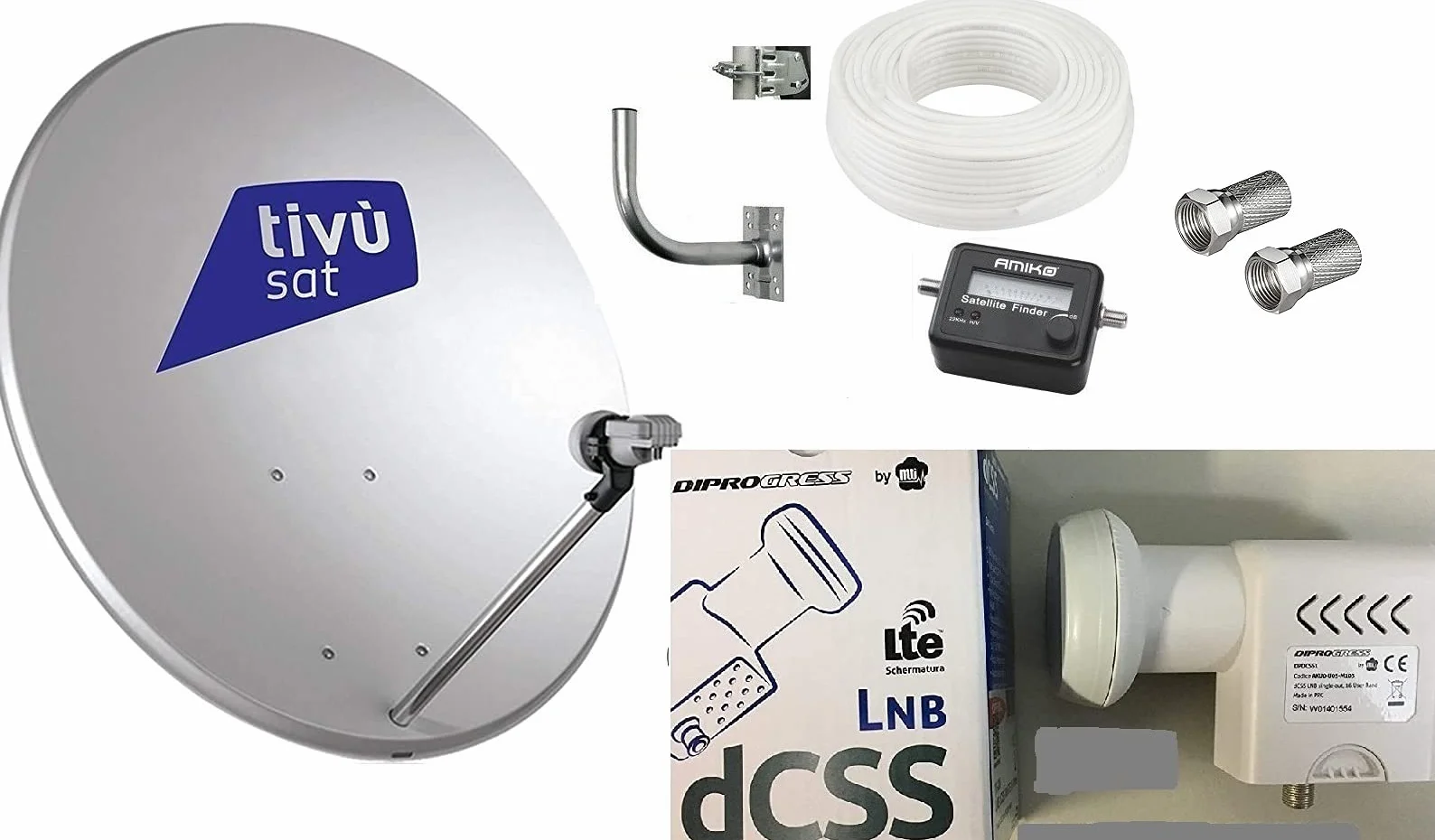 KIT SAT SATELLITE PARABOLA 80 CM STAFFA SAT FINDER 20 MT CAVO LNB SCR