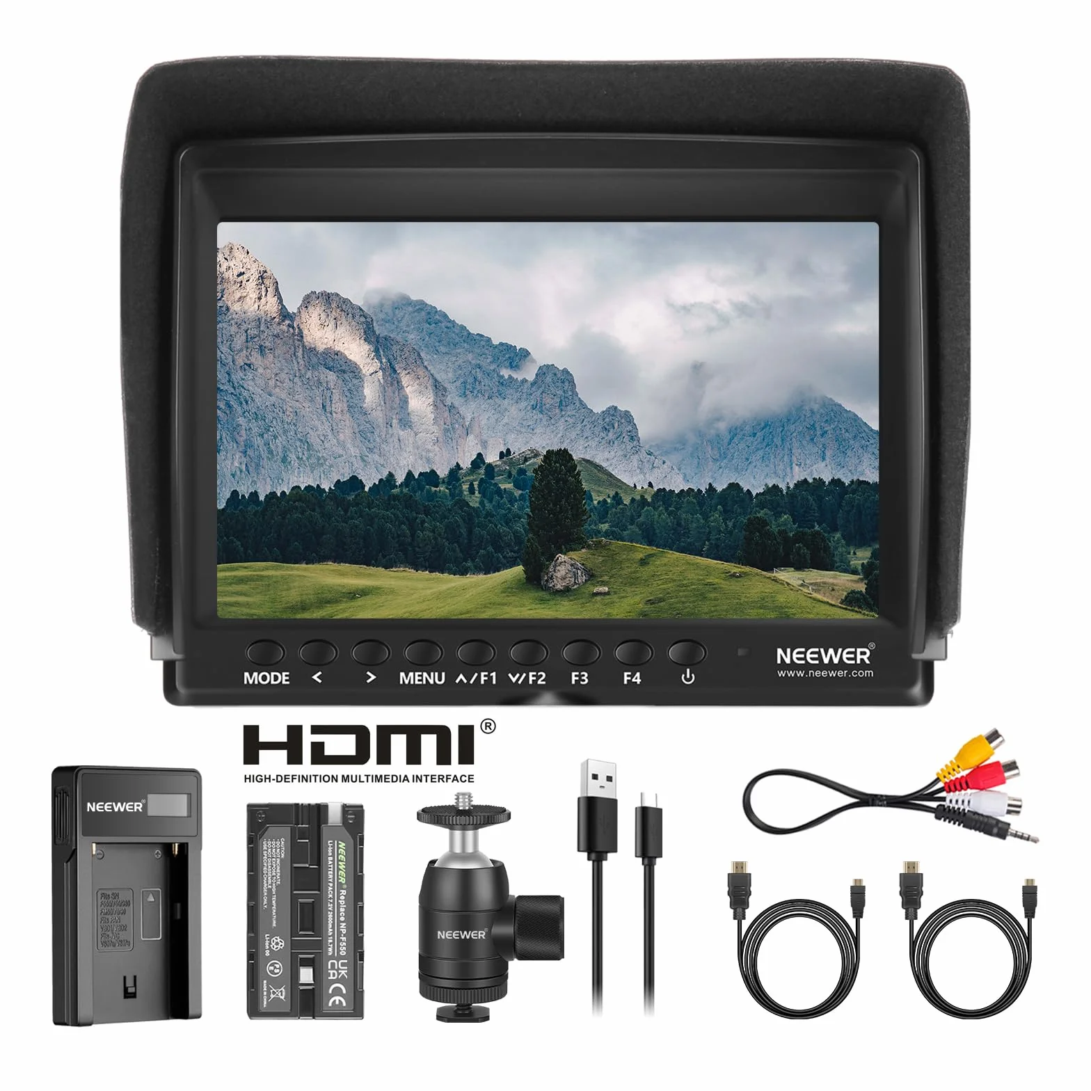 NEEWER Aggiornato F100 Monitor da Campo 7 Pollici HD Video Assist Sottile IPS 1280x800 HDMI Input 1080p con Batteria 2600mAh & Caricatore USB per Reflex Digitali, Stabilizzatori, Video Rig